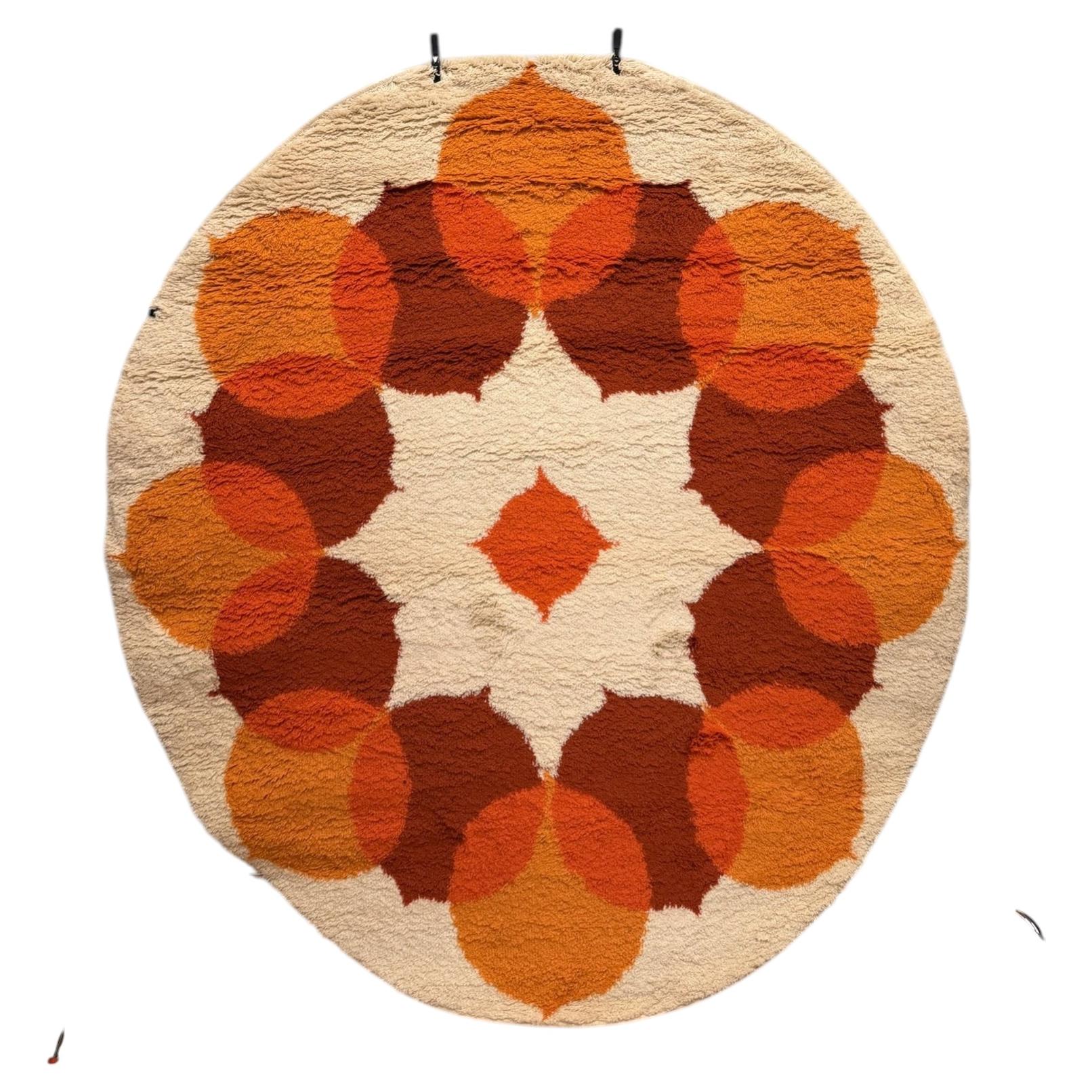 70s Hojer Eksport Wilton, Scandinavian Round Rya Rug, UNUSED, Mid Century Modern