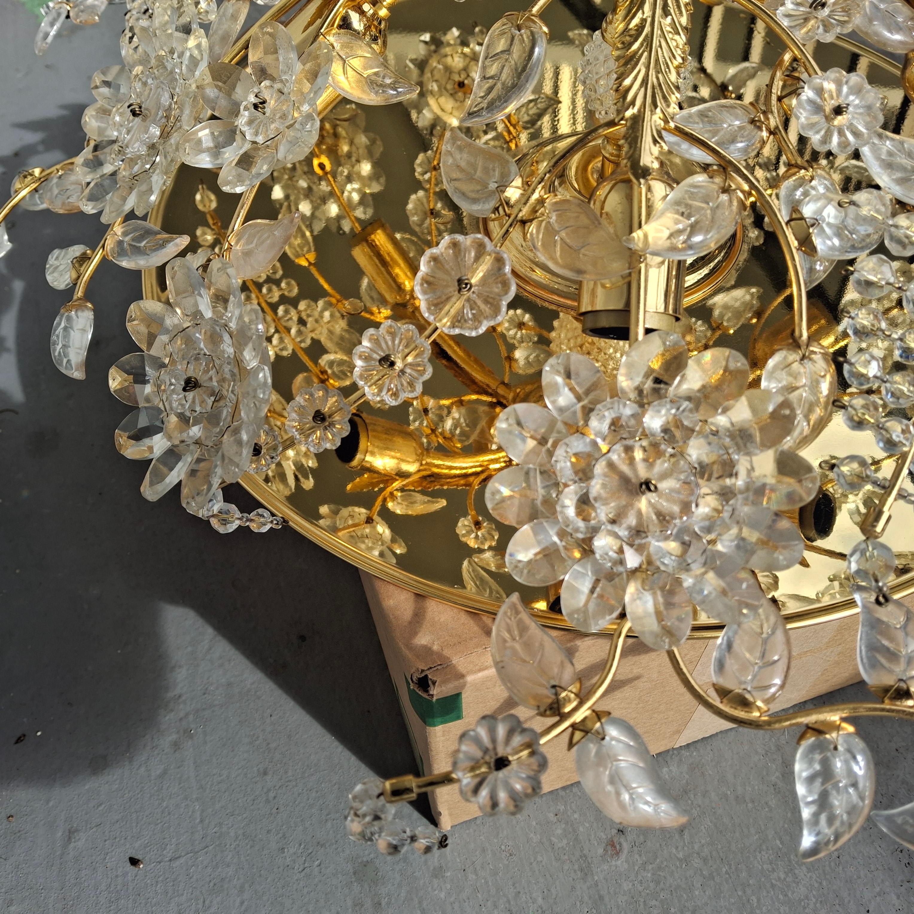 70's Hollywood Regency 24K w/ Cut Crystal Floral Flush Mount Chandelier by Palwa For Sale 5
