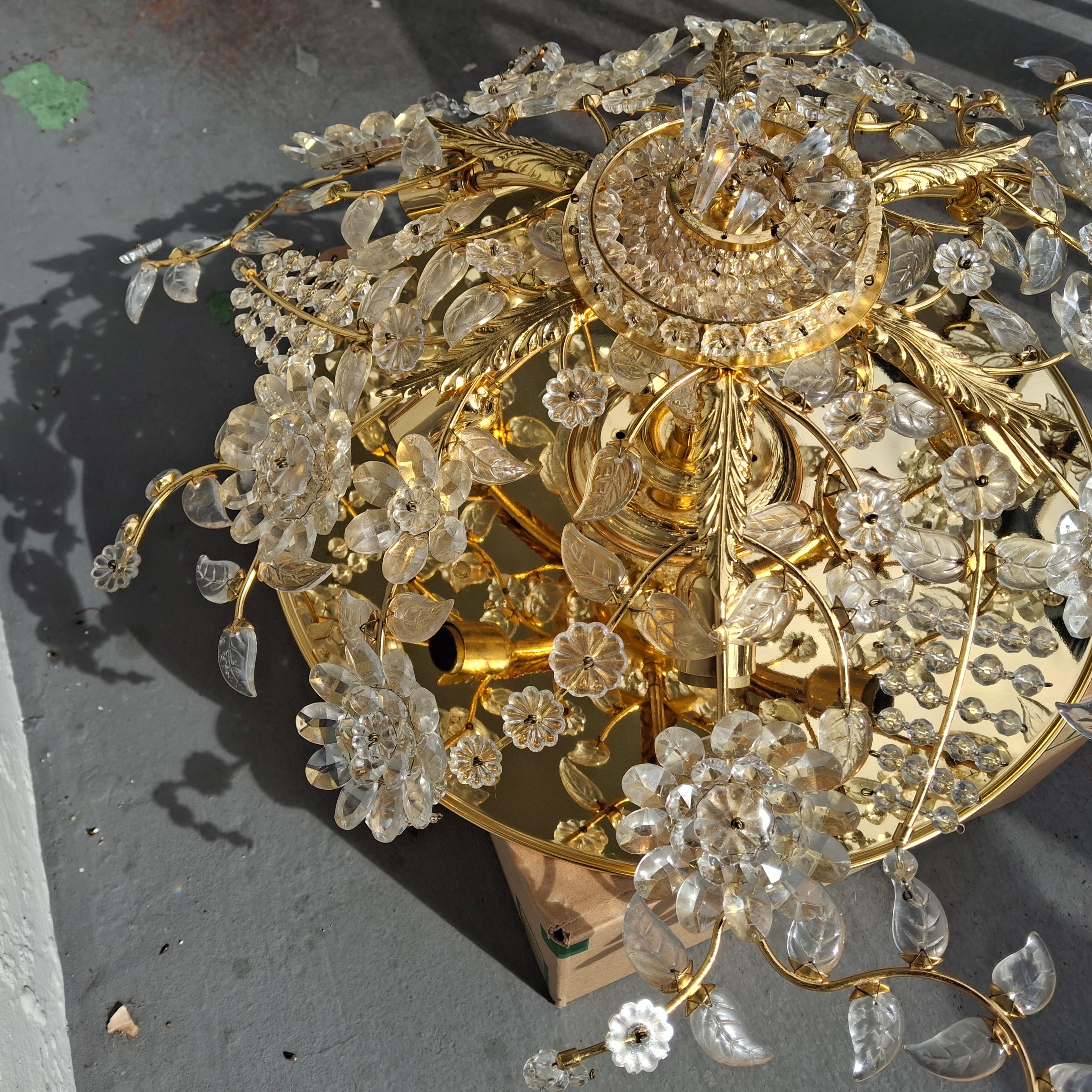 70's Hollywood Regency 24K w/ Cut Crystal Floral Flush Mount Chandelier by Palwa For Sale 6