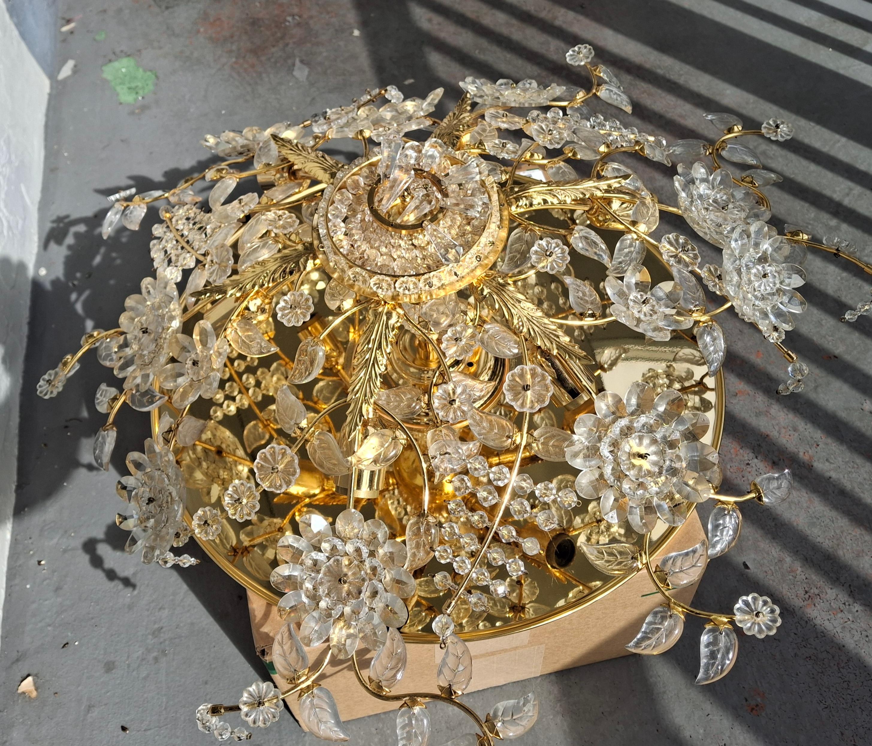 70's Hollywood Regency 24K w/ Cut Crystal Floral Flush Mount Chandelier by Palwa For Sale 7