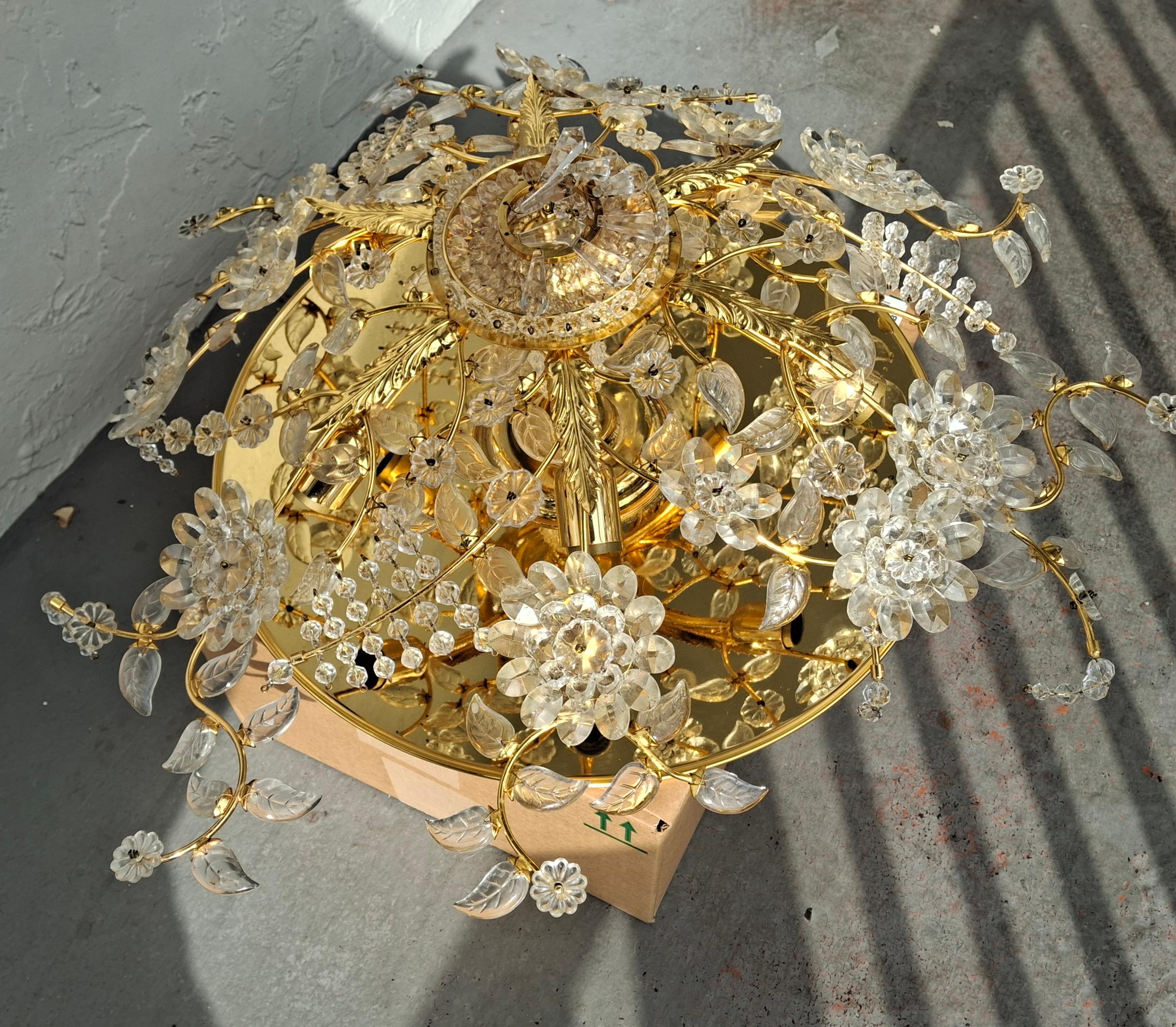 70's Hollywood Regency 24K w/ Cut Crystal Floral Flush Mount Chandelier by Palwa For Sale 8