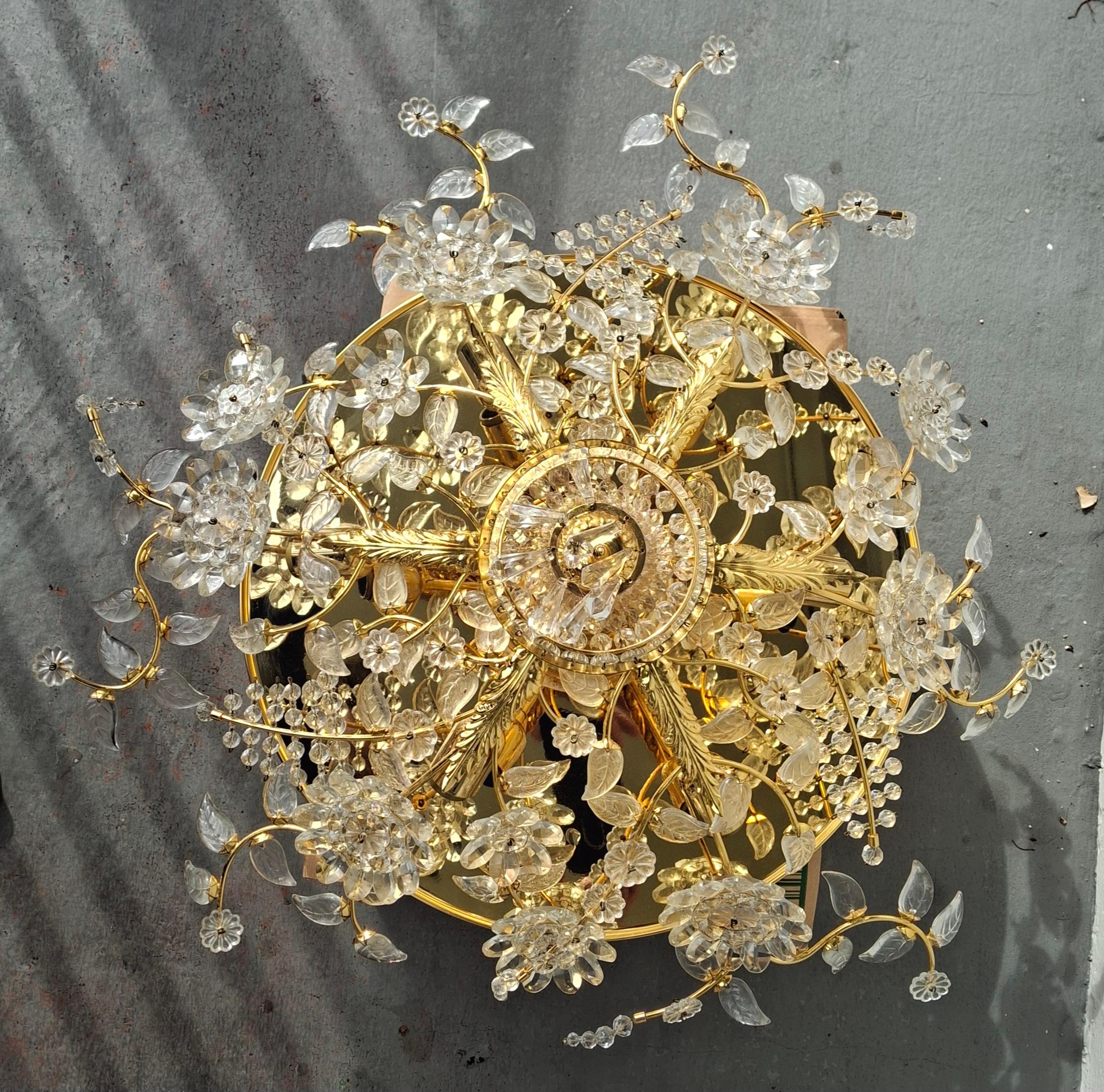 70's Hollywood Regency 24K w/ Cut Crystal Floral Flush Mount Chandelier by Palwa For Sale 9