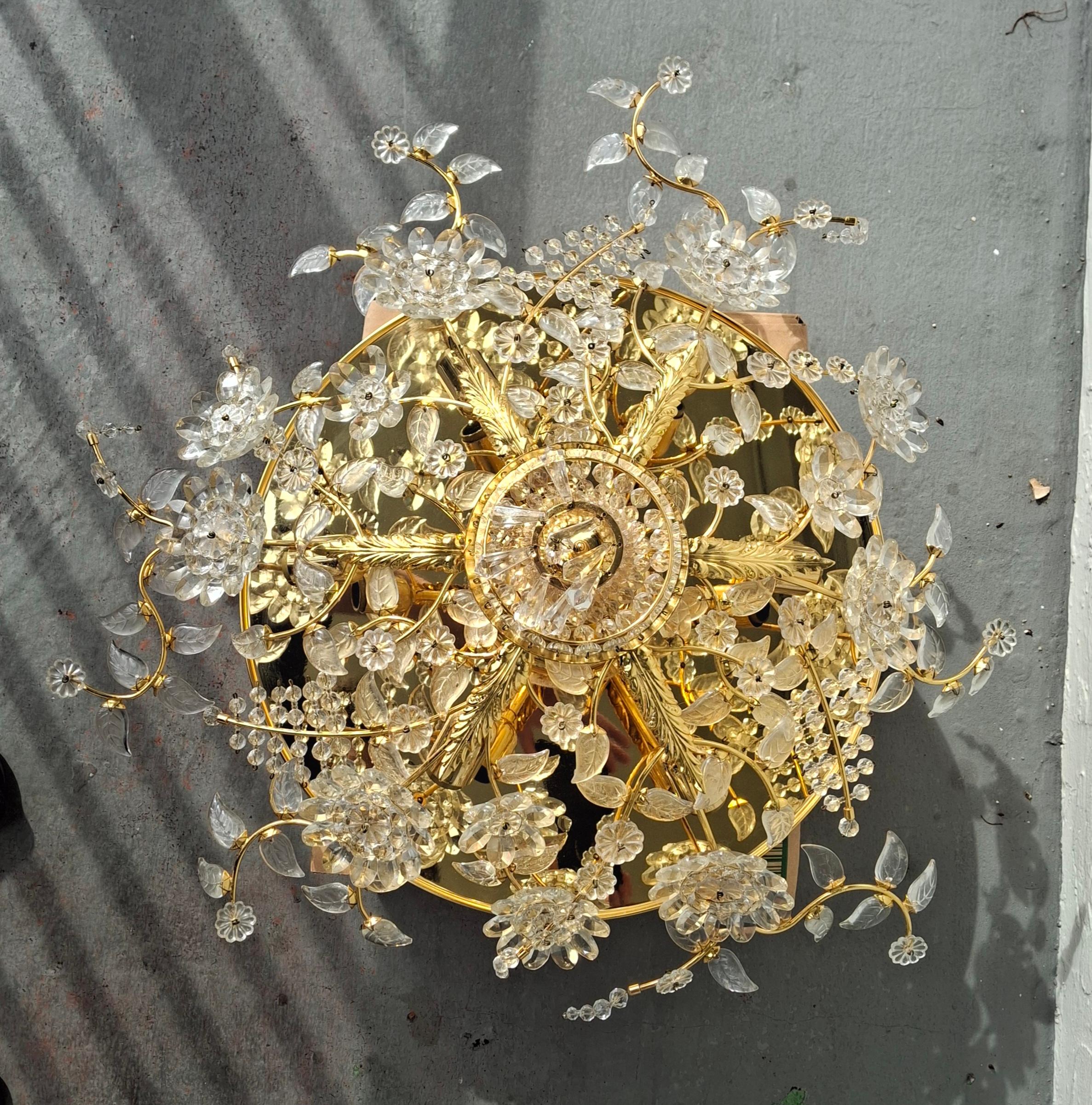 70's Hollywood Regency 24K w/ Cut Crystal Floral Flush Mount Chandelier by Palwa For Sale 10