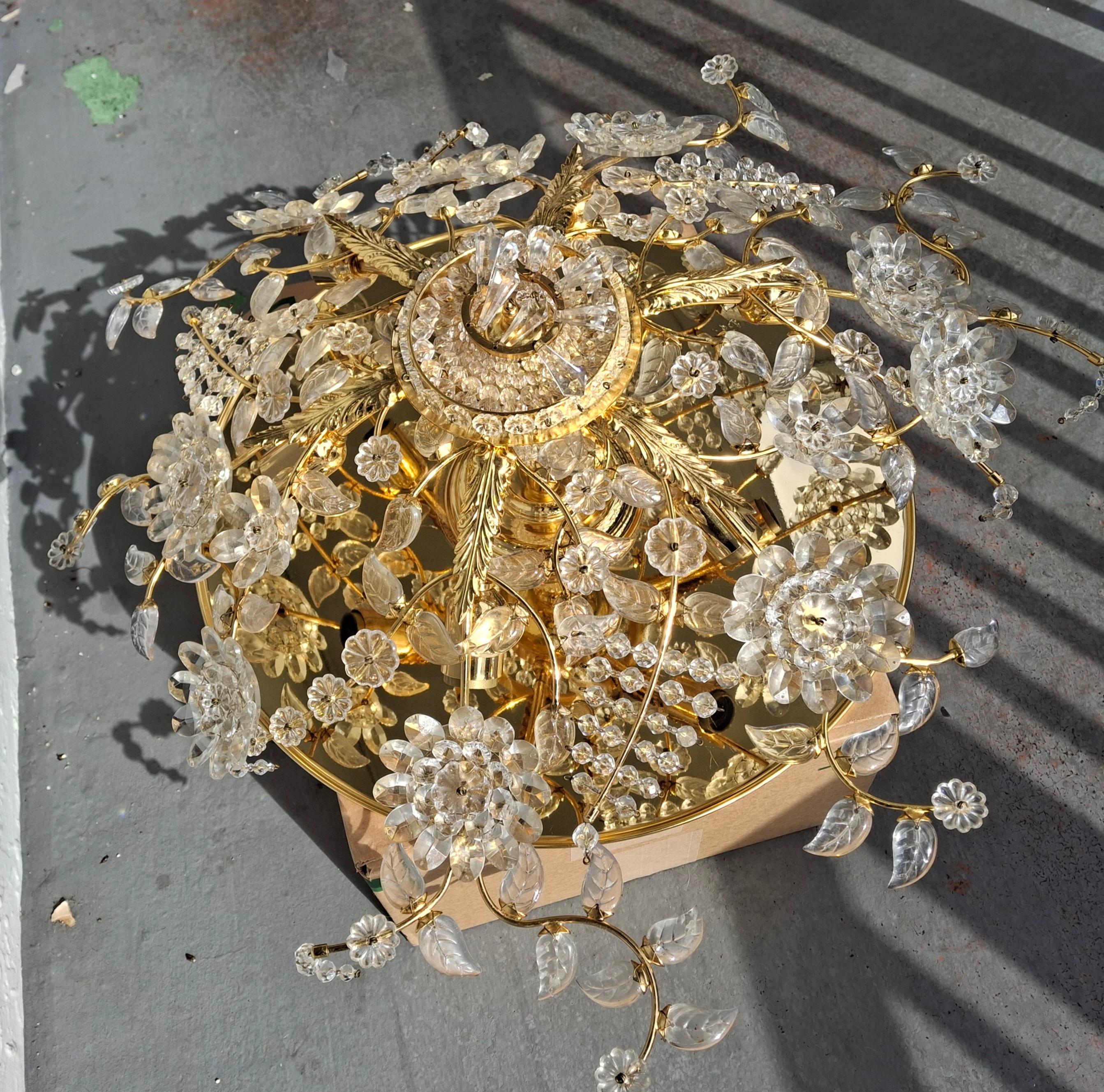 70's Hollywood Regency 24K w/ Cut Crystal Floral Flush Mount Chandelier by Palwa For Sale 11