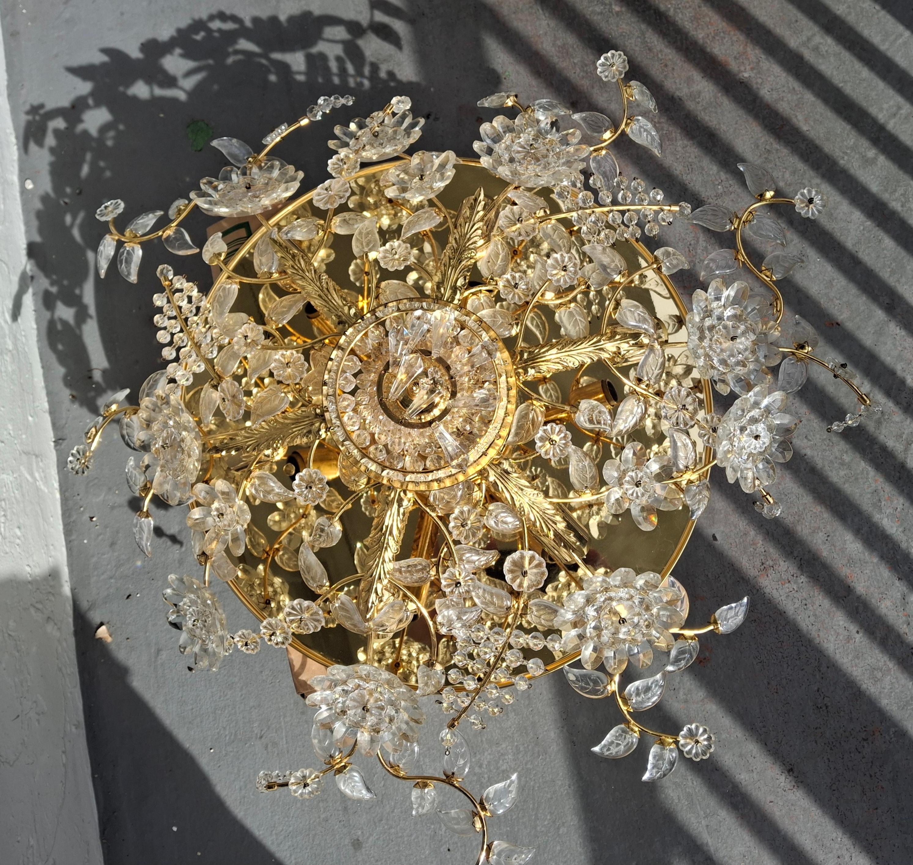 70's Hollywood Regency 24K w/ Cut Crystal Floral Flush Mount Chandelier by Palwa For Sale 12