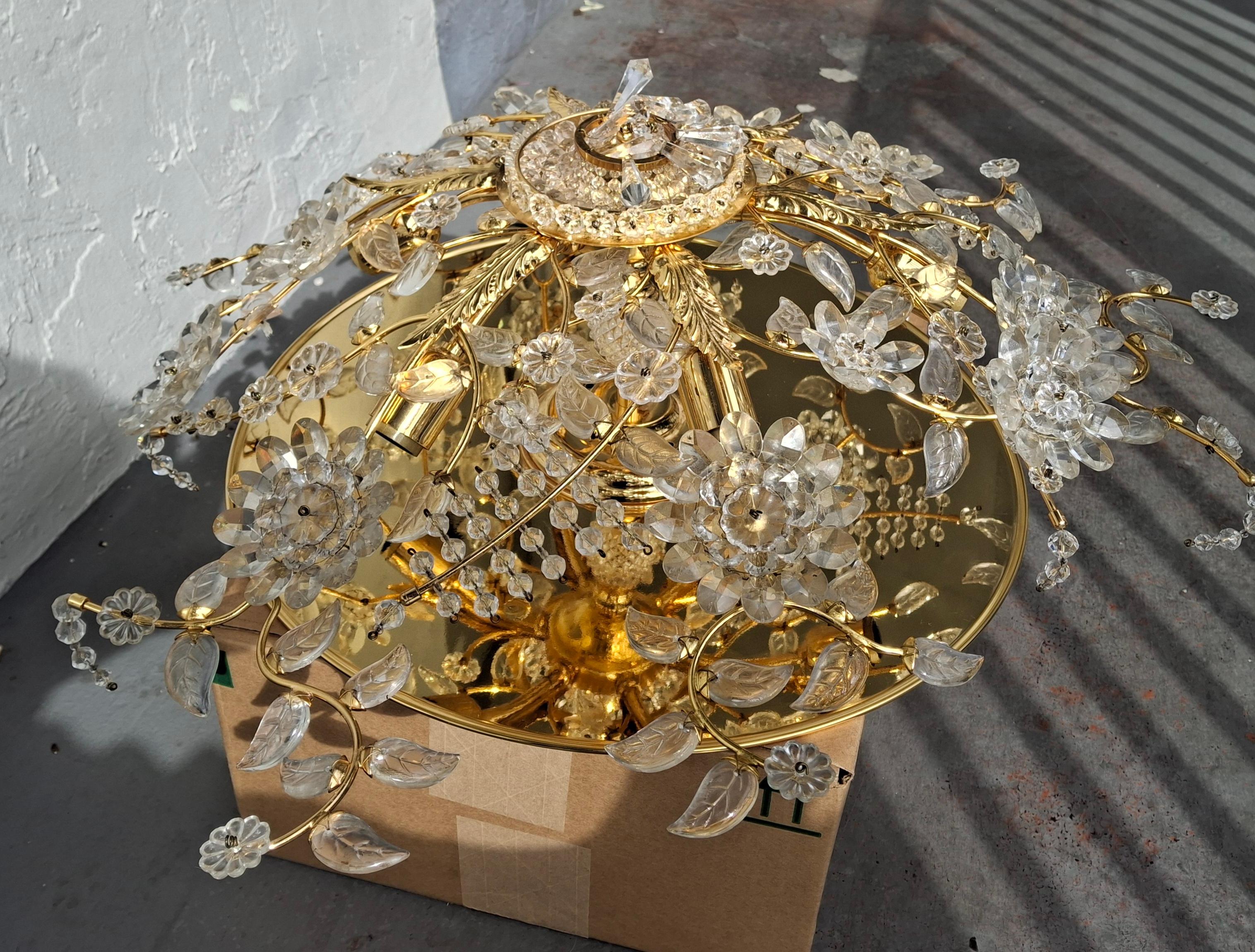 70's Hollywood Regency 24K w/ Cut Crystal Floral Flush Mount Chandelier by Palwa For Sale 13