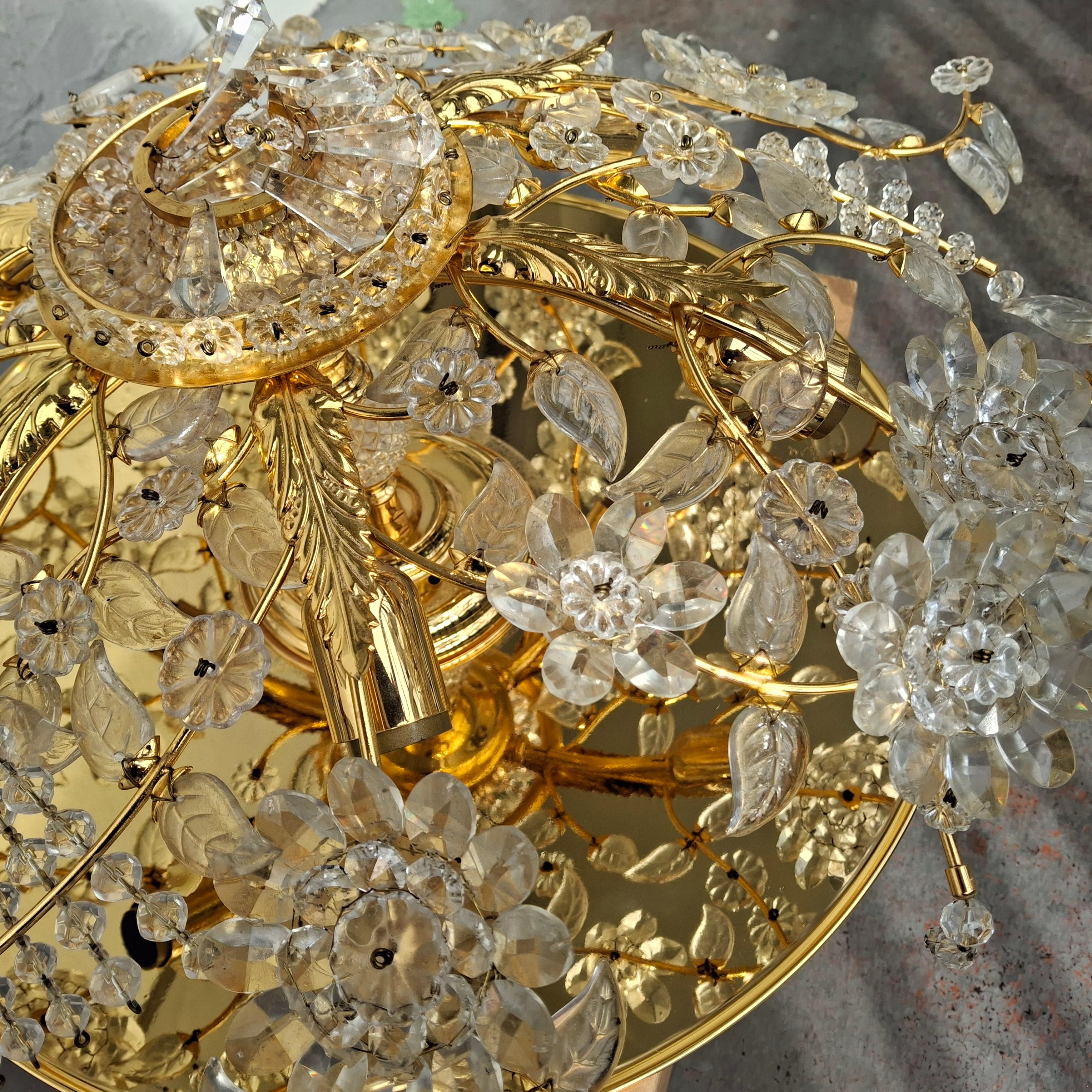 70's Hollywood Regency 24K w/ Cut Crystal Floral Flush Mount Chandelier by Palwa For Sale 14