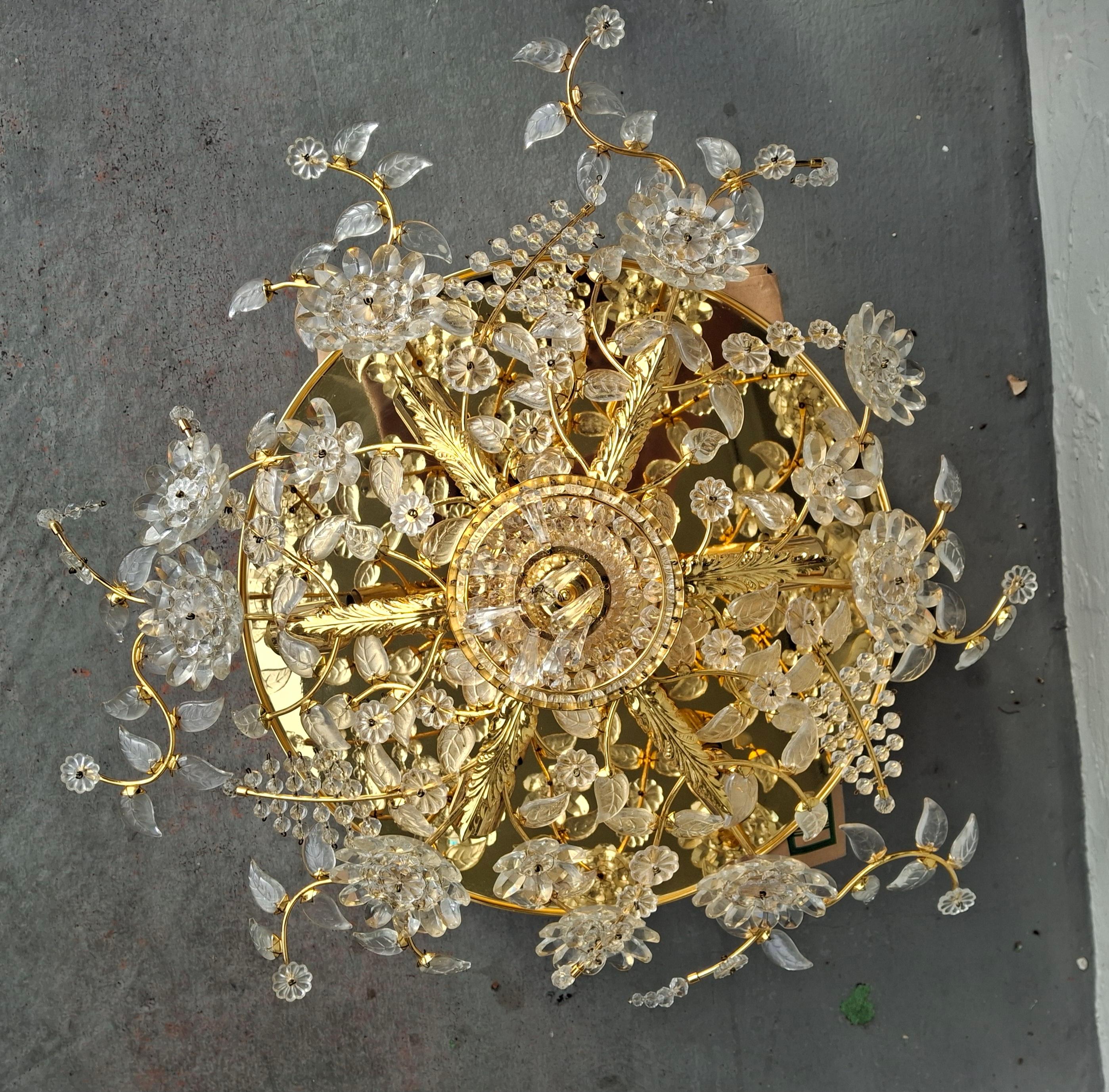70's Hollywood Regency 24K w/ Cut Crystal Floral Flush Mount Chandelier by Palwa For Sale 15