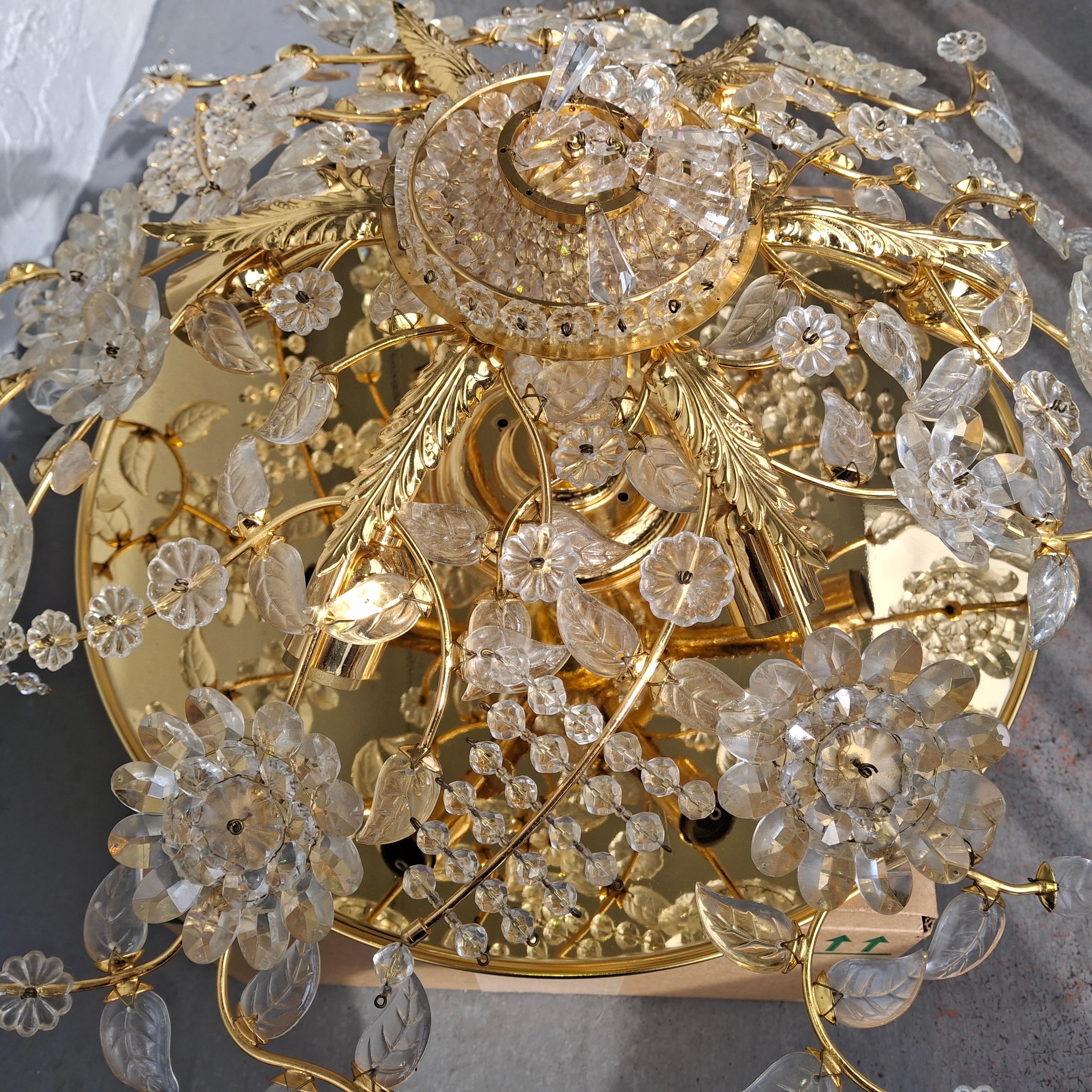 70's Hollywood Regency 24K w/ Cut Crystal Floral Flush Mount Chandelier by Palwa In Good Condition For Sale In Opa Locka, FL