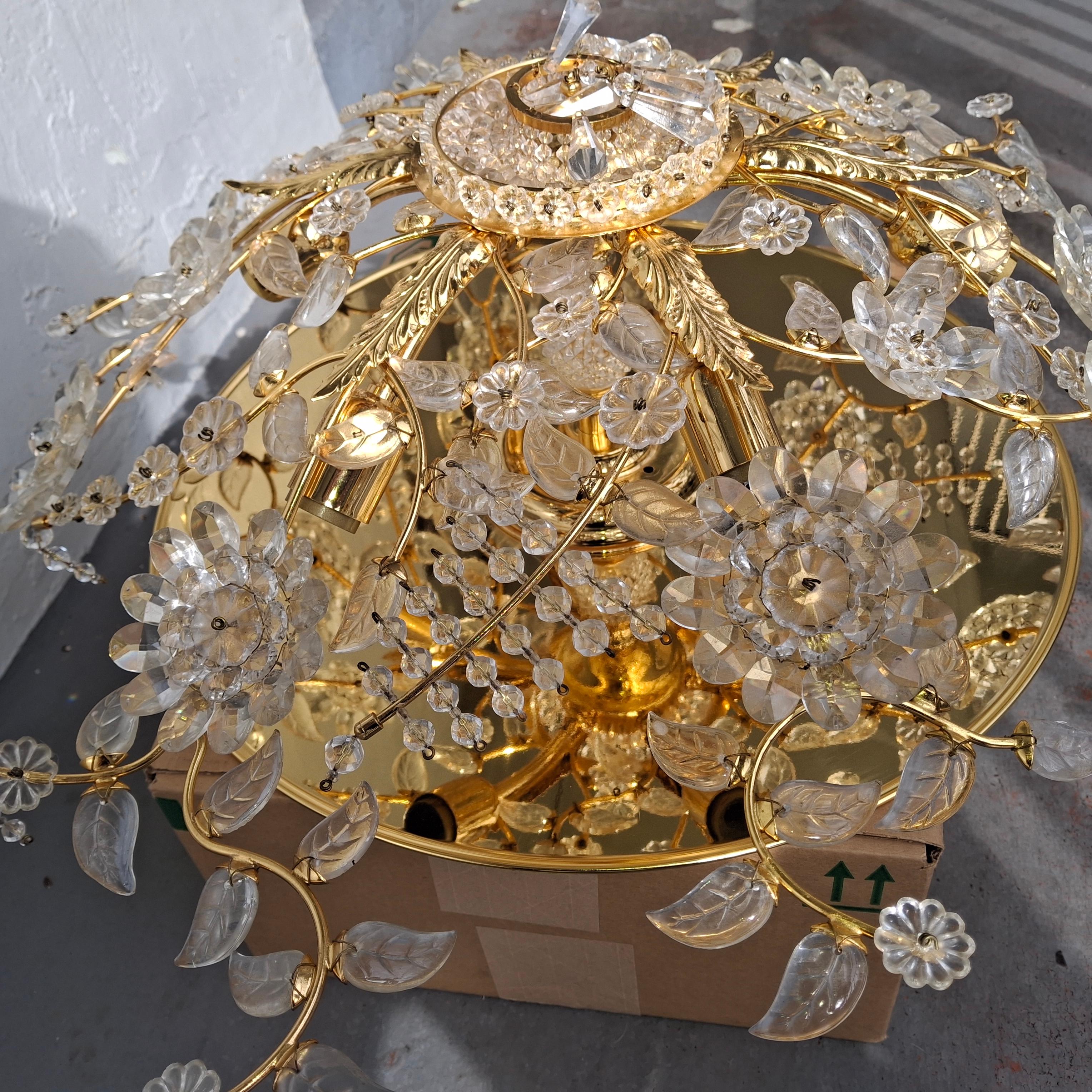 Late 20th Century 70's Hollywood Regency 24K w/ Cut Crystal Floral Flush Mount Chandelier by Palwa For Sale