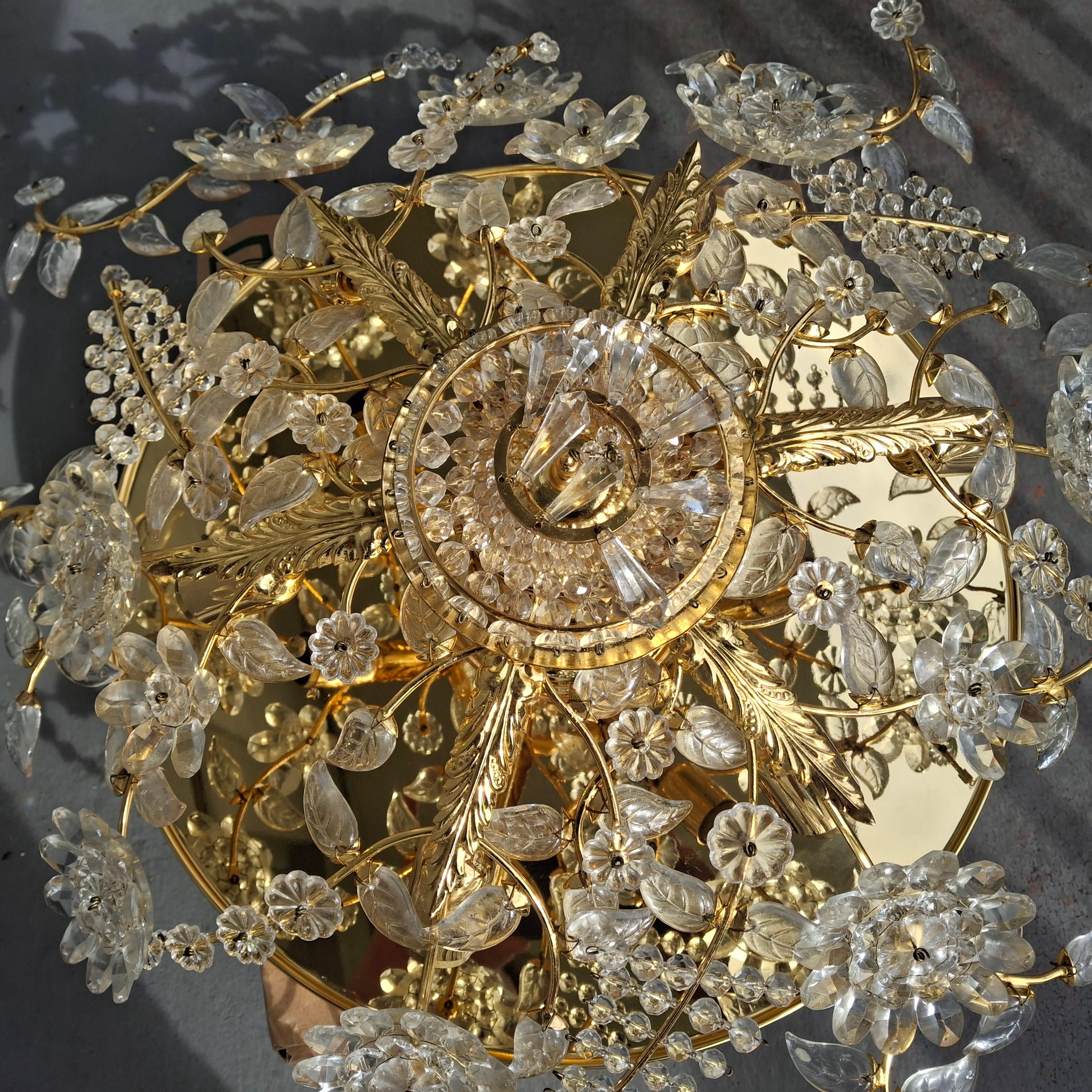 70's Hollywood Regency 24K w/ Cut Crystal Floral Flush Mount Chandelier by Palwa For Sale 2