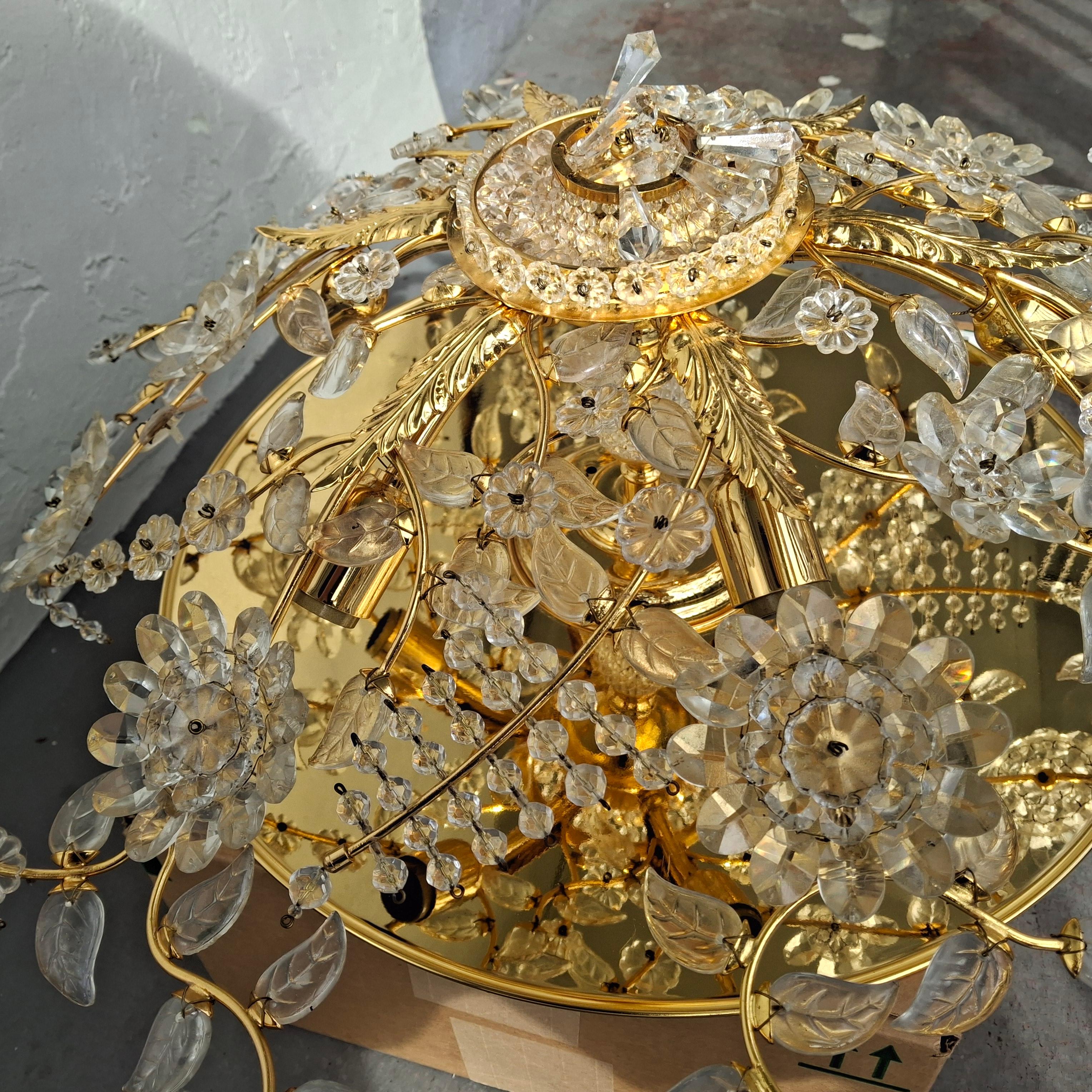 70's Hollywood Regency 24K w/ Cut Crystal Floral Flush Mount Chandelier by Palwa For Sale 3