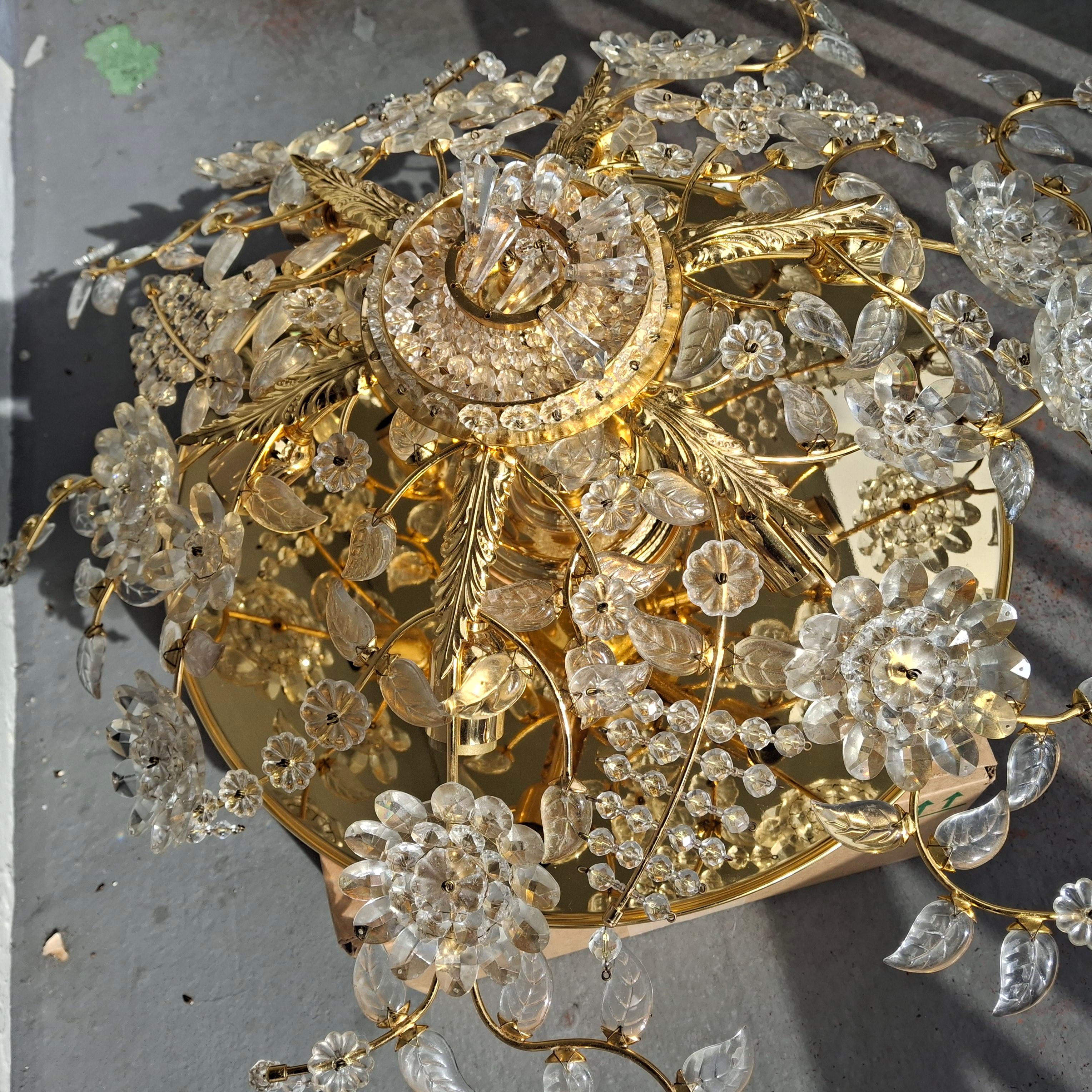 70's Hollywood Regency 24K w/ Cut Crystal Floral Flush Mount Chandelier by Palwa For Sale 4