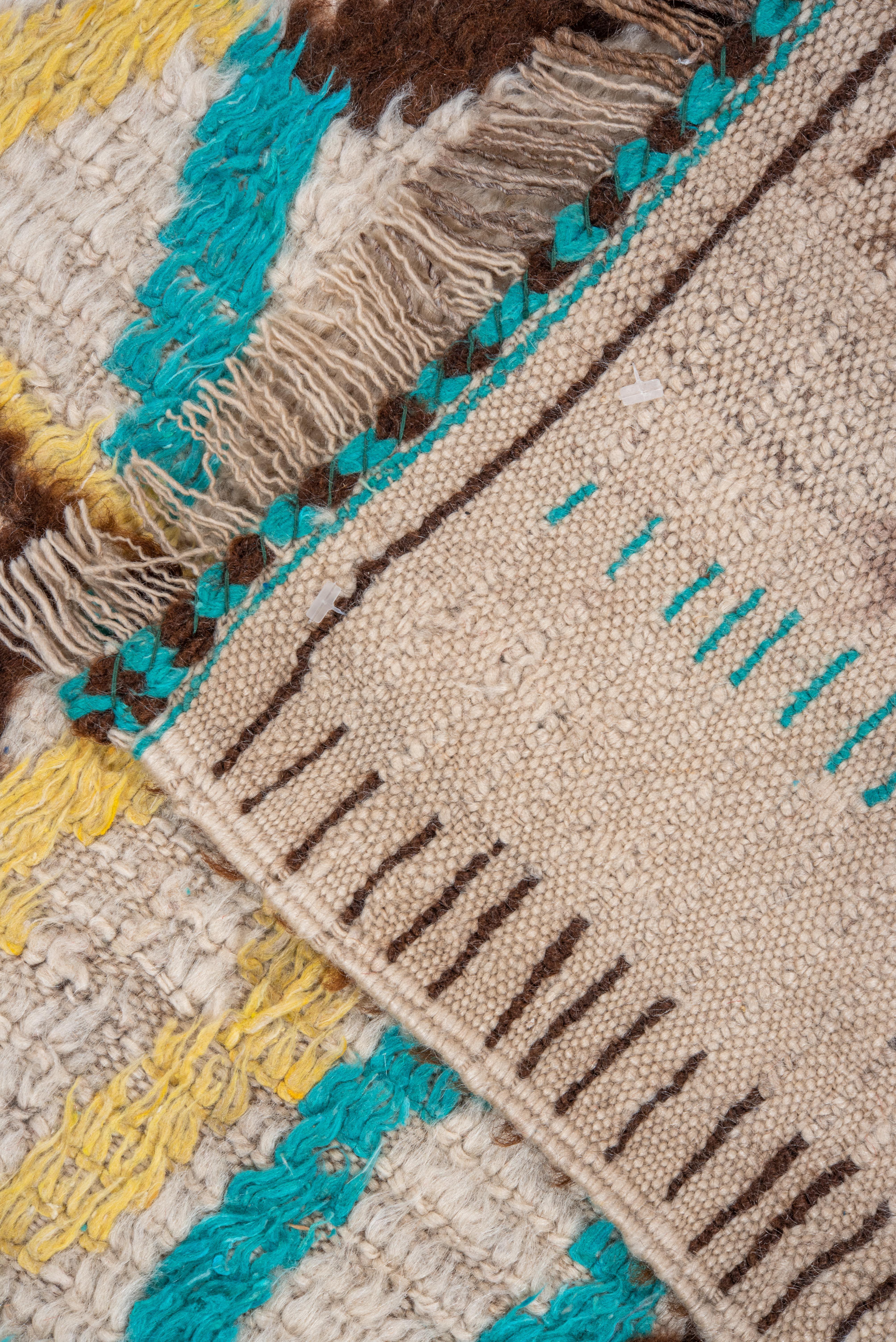 20th Century 70s Inspired Brown Yellow Blue Moroccan Abstract Village Rug For Sale