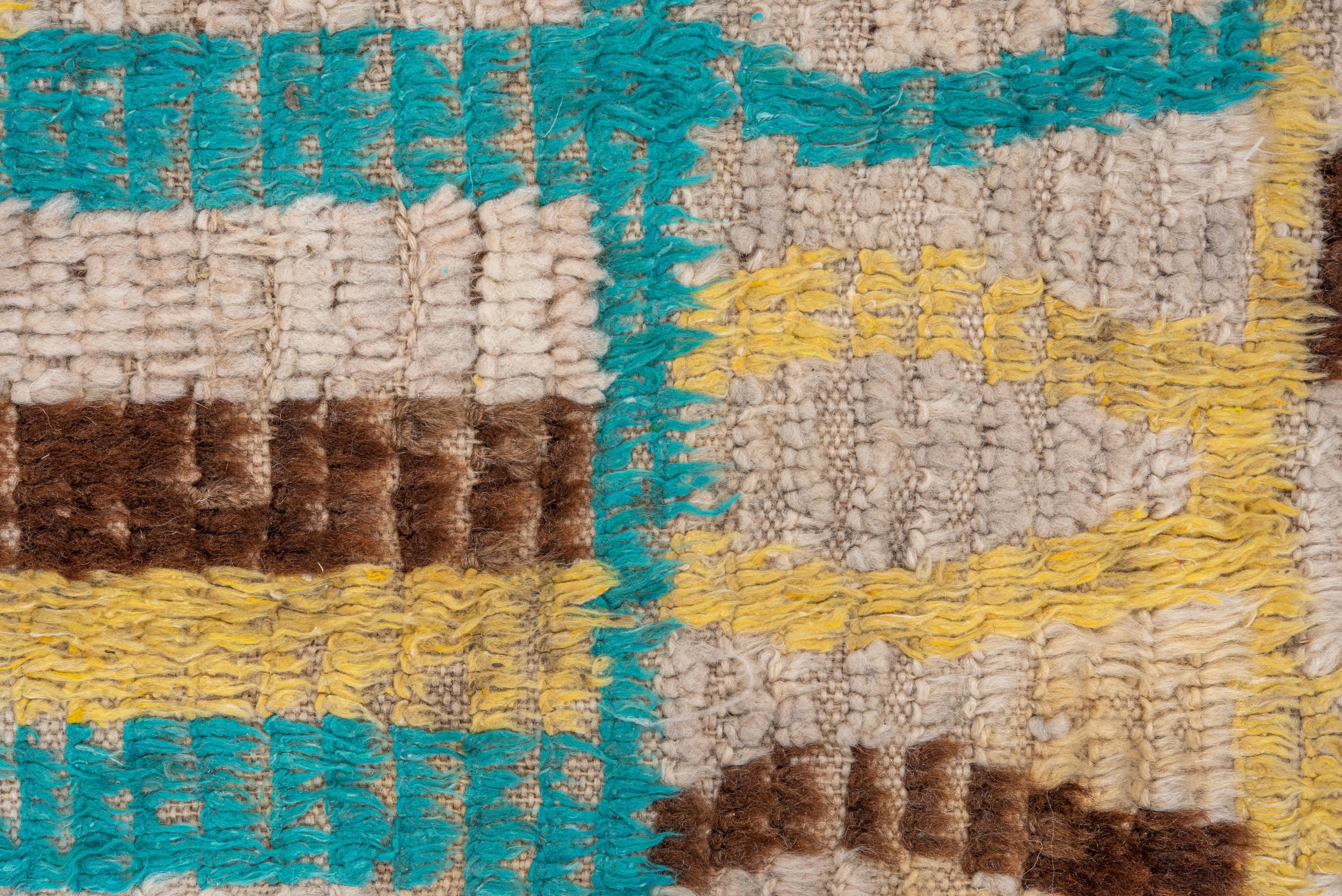 70s Inspired Brown Yellow Blue Moroccan Abstract Village Rug For Sale 1