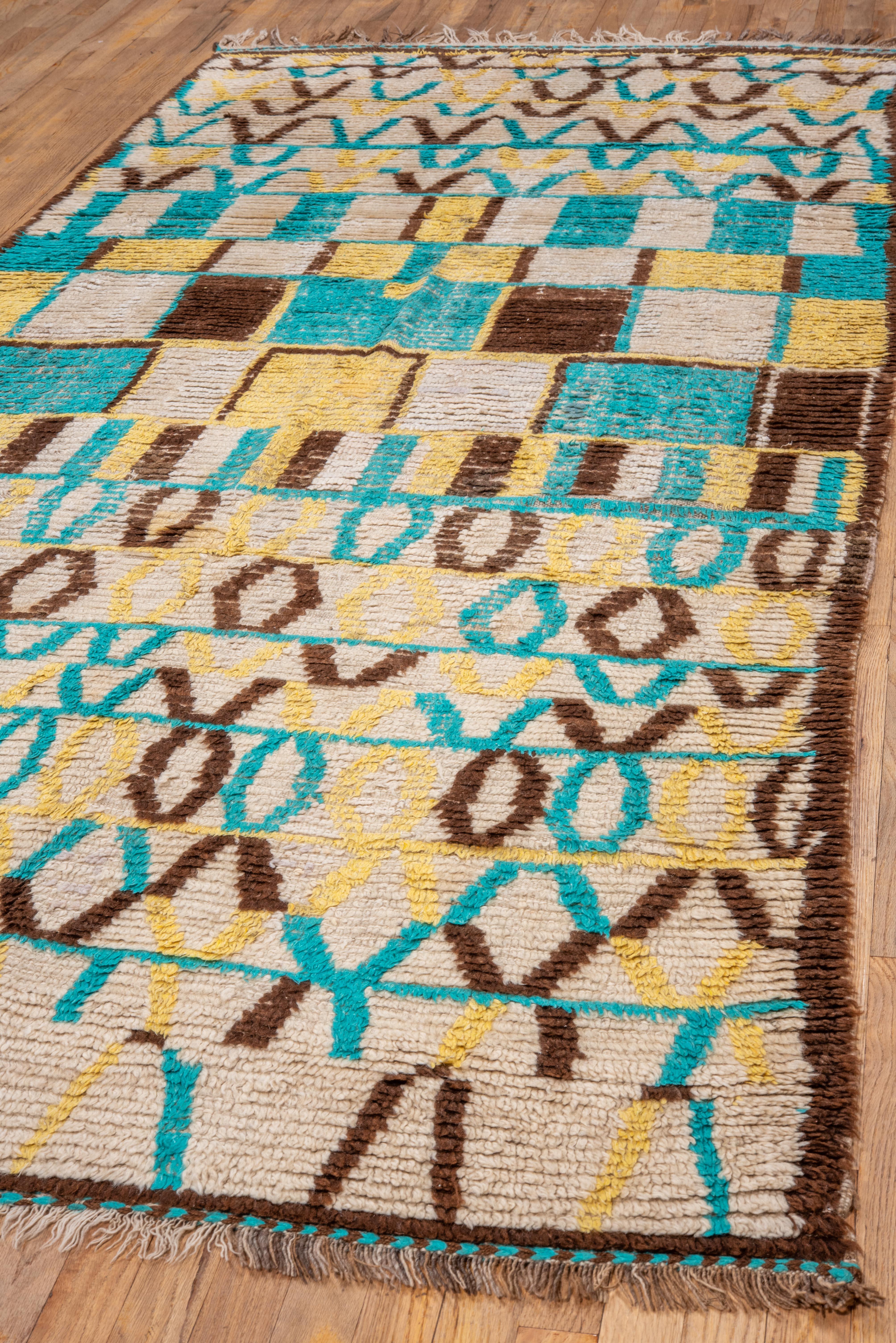 70s Inspired Brown Yellow Blue Moroccan Abstract Village Rug For Sale 3