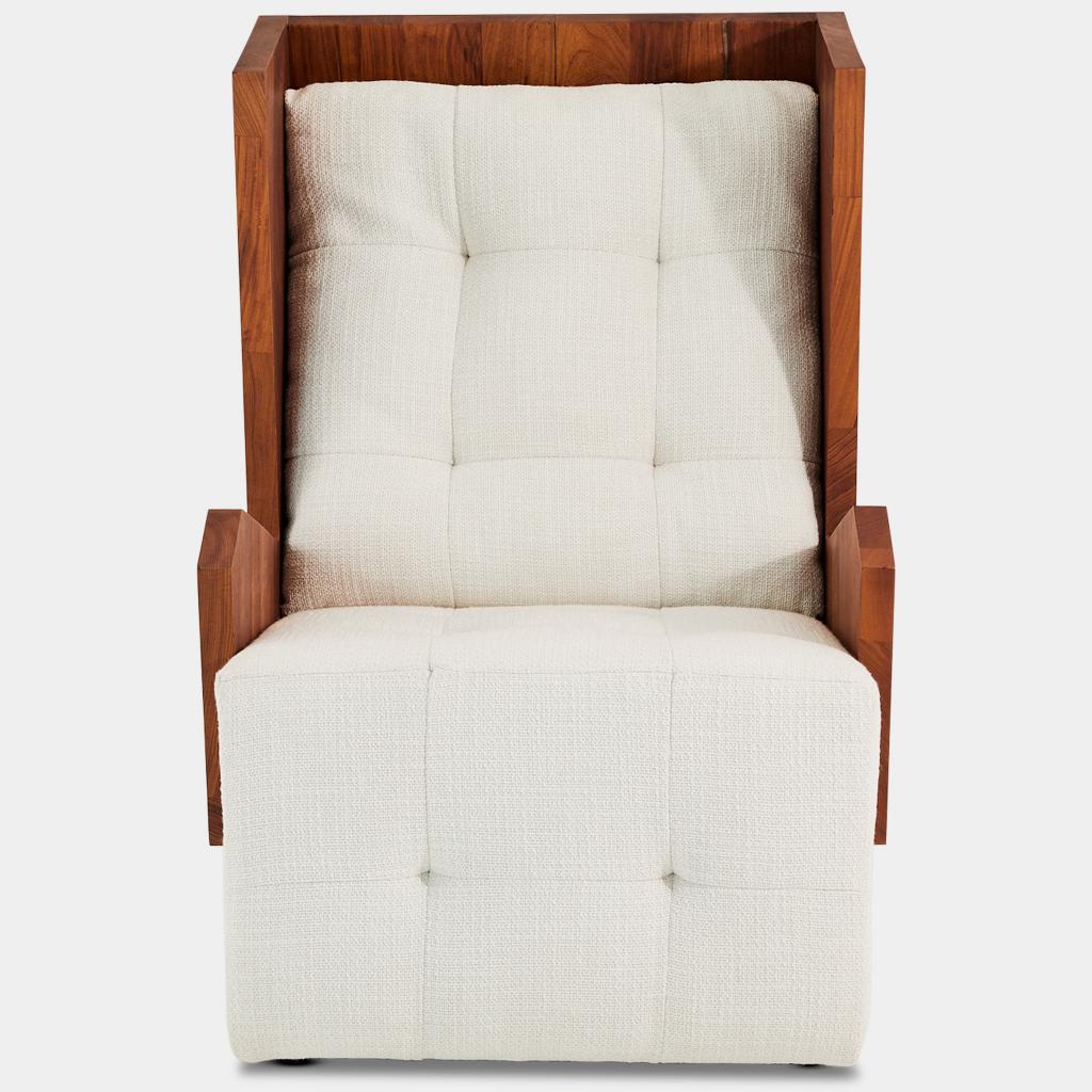 This bespoke, luxurious, wingback lounge chair is part of the Oromo collection designed by Egg Designs and manufactured in South Africa. 

The Oromo collection is inspired by 70's surface design, the backrest of this chair has a tactile, sculpted