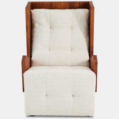 70's Inspired Modern Boucle, Brass & Carved Walnut Oromo Wingback by Egg Designs