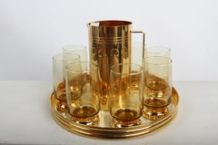 70s Italian 24K Gold Plated Hollywood Regency Barware Serving Tray Set (10 Pc)