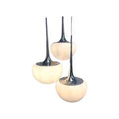 70s Italian Chandelier in Opaline White Glass Shades with Chrome Frame