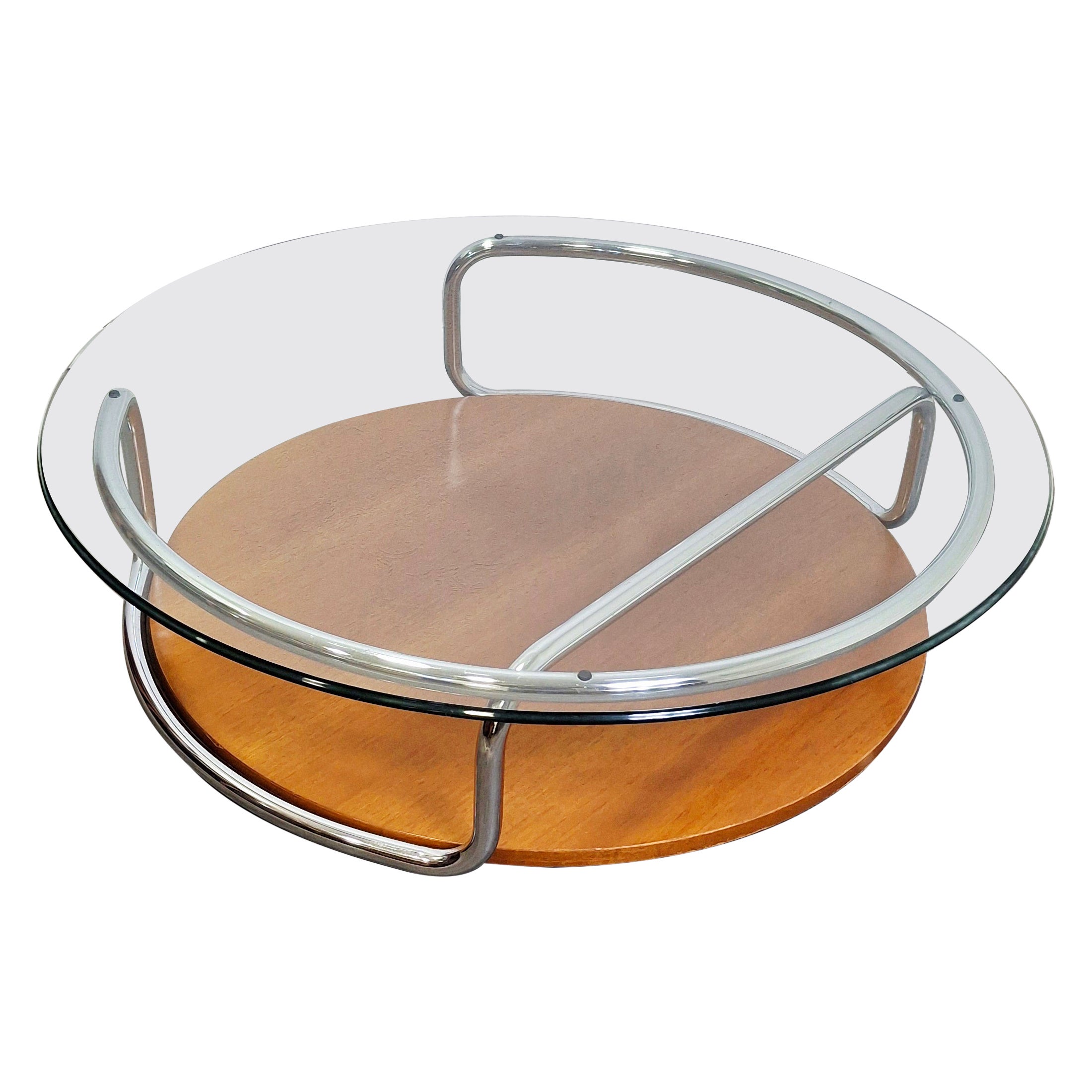 Table basse italienne moderne du milieu du siècle, chrome et Wood, design des années 1970 en vente