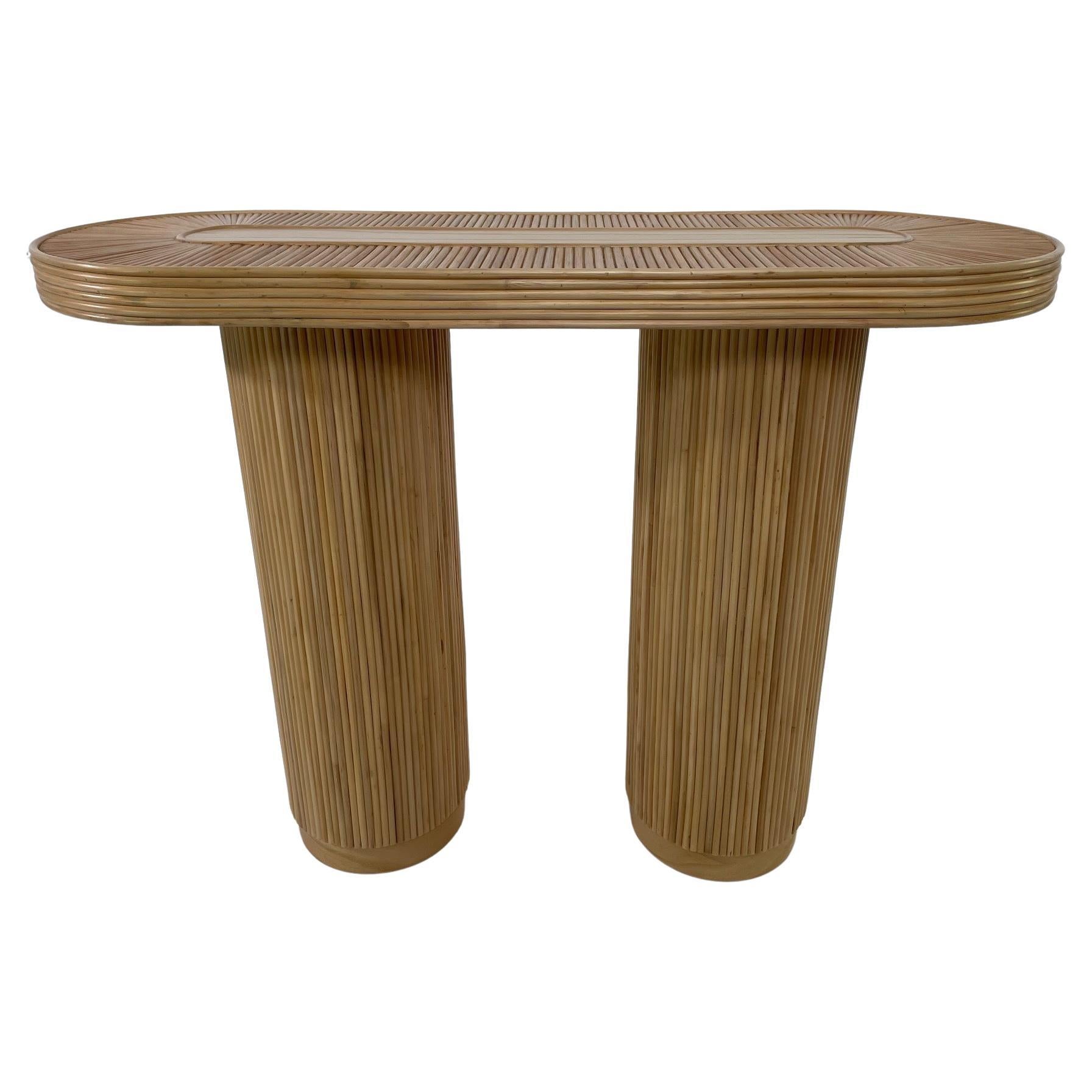 70s Italian Design Style Pencil Reed Rattan Round and Oval Top Console Table For Sale