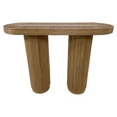 Table console en rotin rond et ovale à plateau en roseau de style italien des années 70
