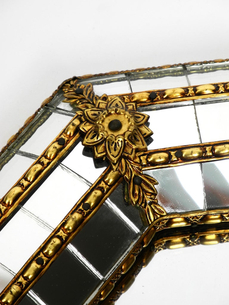 Italian Octagonal Brass Wall Mirror with Frame Made of Mosaic Mirror