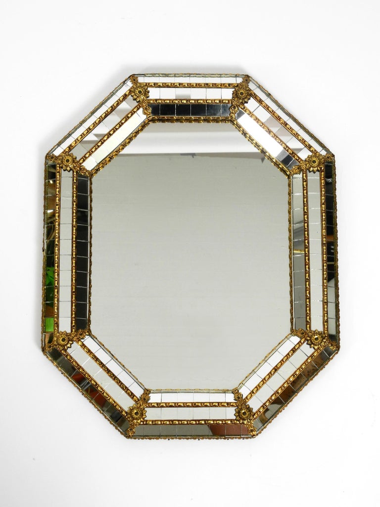 Italian Octagonal Brass Wall Mirror with Frame Made of Mosaic Mirror