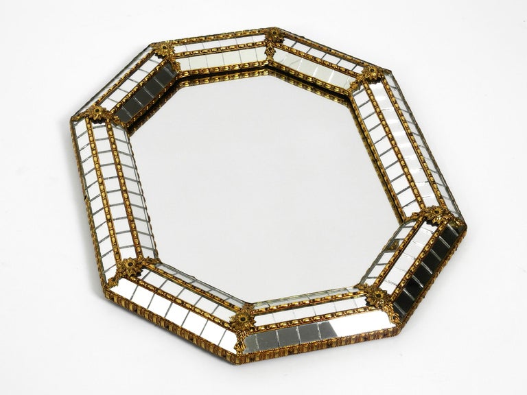 Italian Octagonal Brass Wall Mirror with Frame Made of Mosaic Mirror