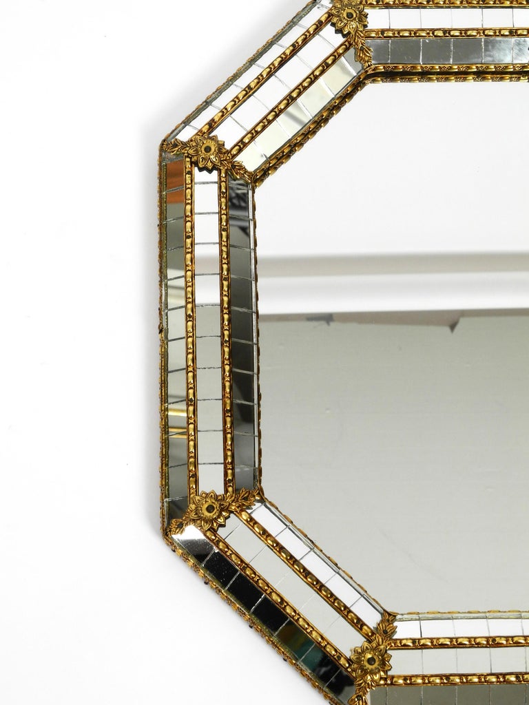 Italian Octagonal Brass Wall Mirror with Frame Made of Mosaic Mirror