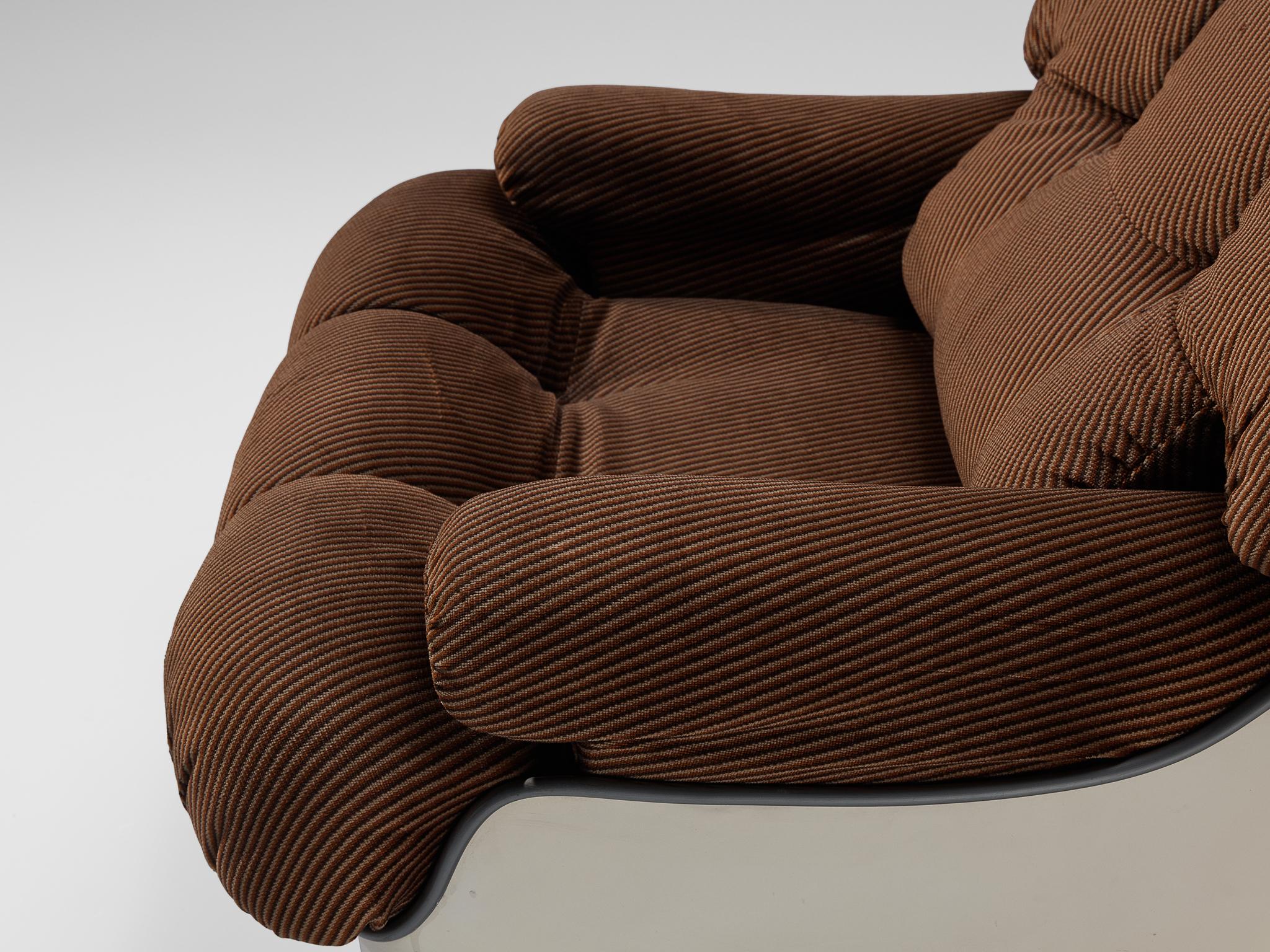 Fabric 70s Italian Pair of Lounge Chairs in Fiberglass and Brown Upholstery