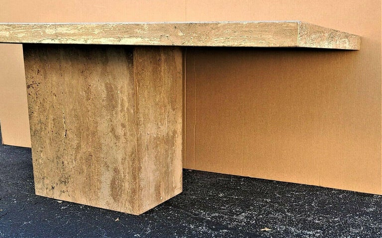 Late 20th Century 70's Italian Walnut Travertine Highly Polished Marble Dining Table For Sale