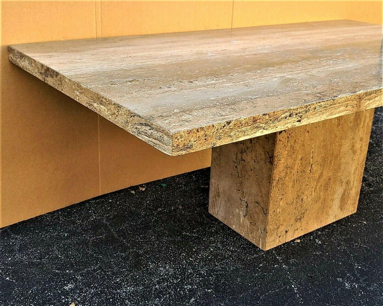 70's Italian Walnut Travertine Highly Polished Marble Dining Table For Sale 2