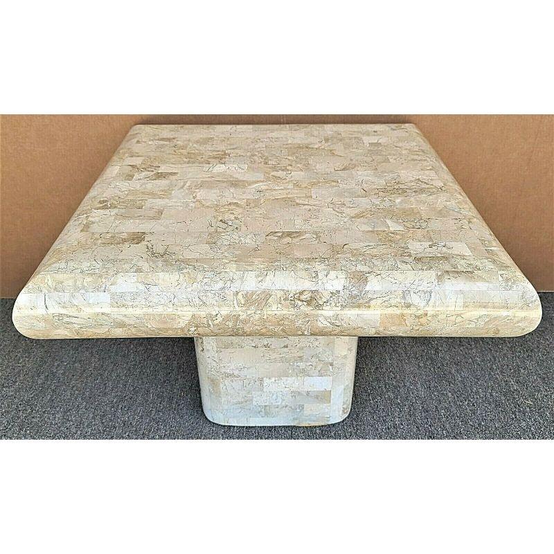 Offering one of our recent palm beach estate fine furniture acquisitions of a 
1970's Karl Springer Maitland style tessellated fossil stone pedestal coffee side table 
with radiused edges and recessed pedestal base in the Maitland Smith, Karl