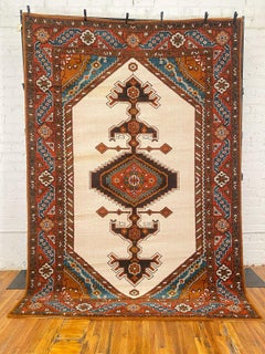 Tapis Rya des années 70, motif totémique marron et bleu, NEUF, style moderne du milieu du siècle, laine