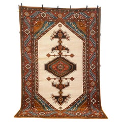 Tapis Rya des années 70, motif totémique marron et bleu, NEUF, style moderne du milieu du siècle, laine
