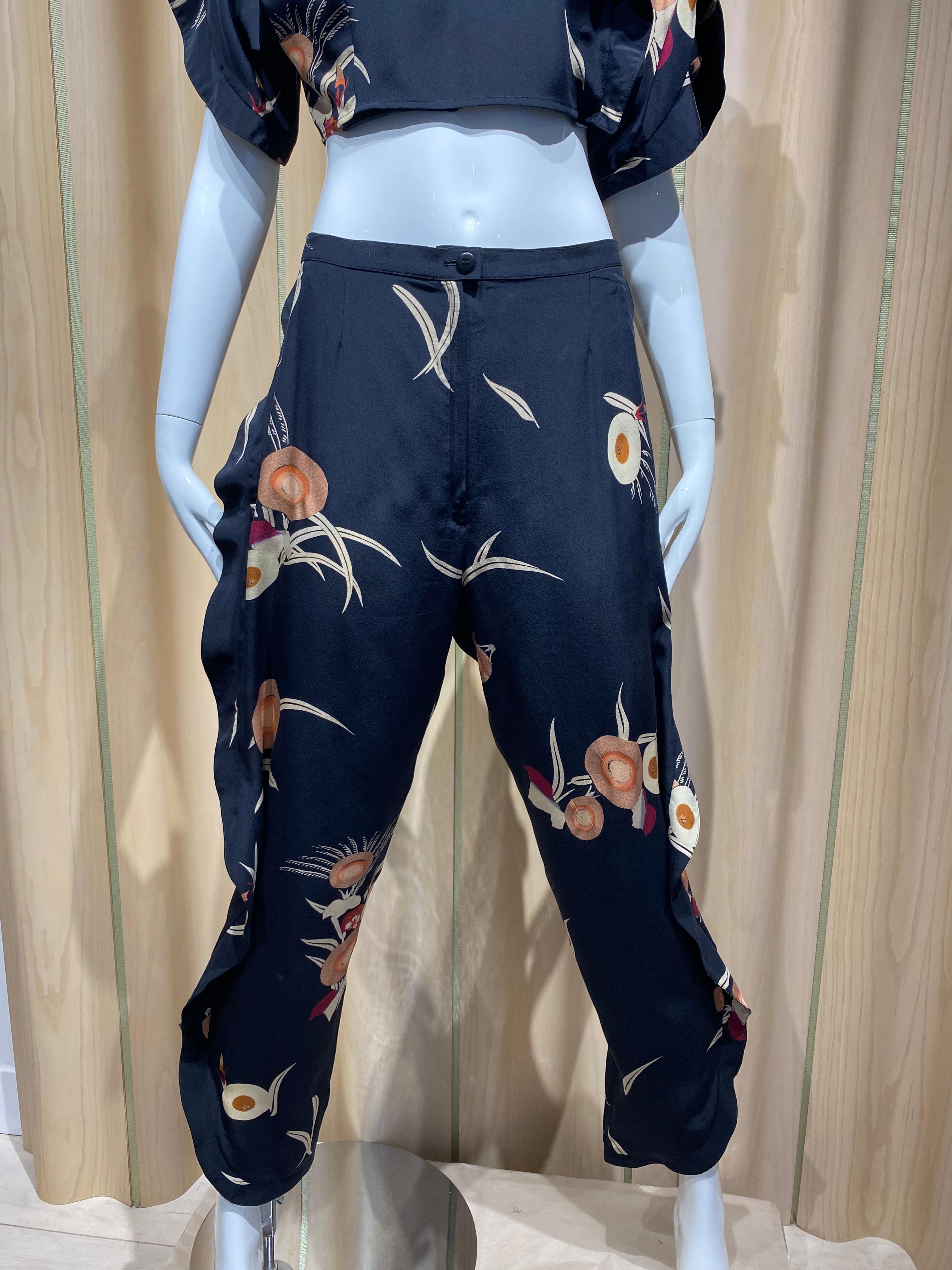 70s Krizia Black Silk Floral Print Crop Top and Pant set For Sale 1