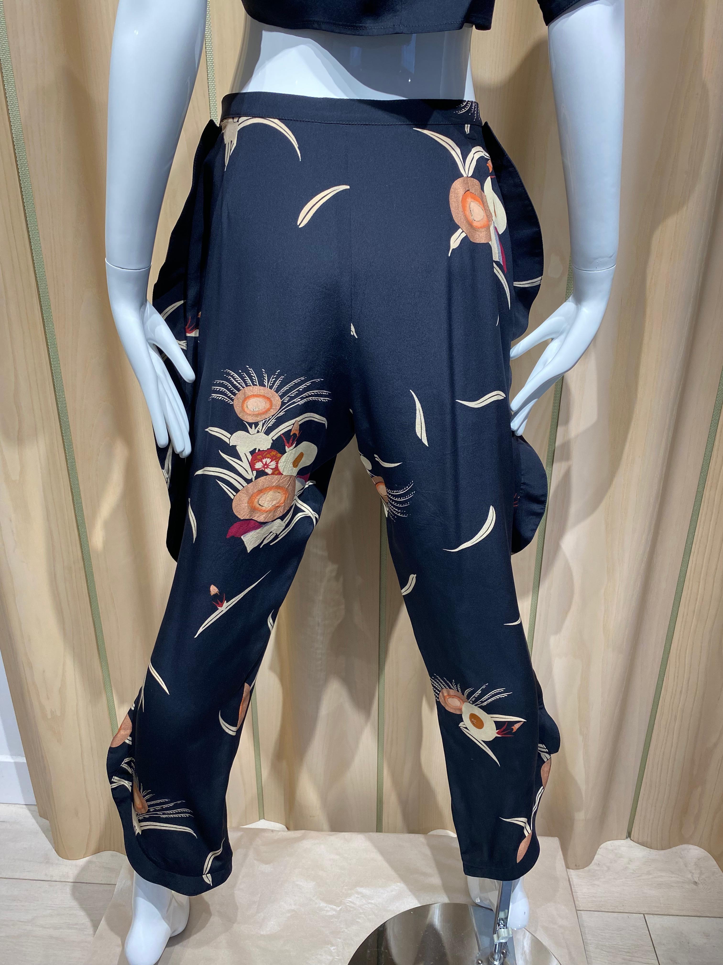 70s Krizia Black Silk Floral Print Crop Top and Pant set For Sale 4