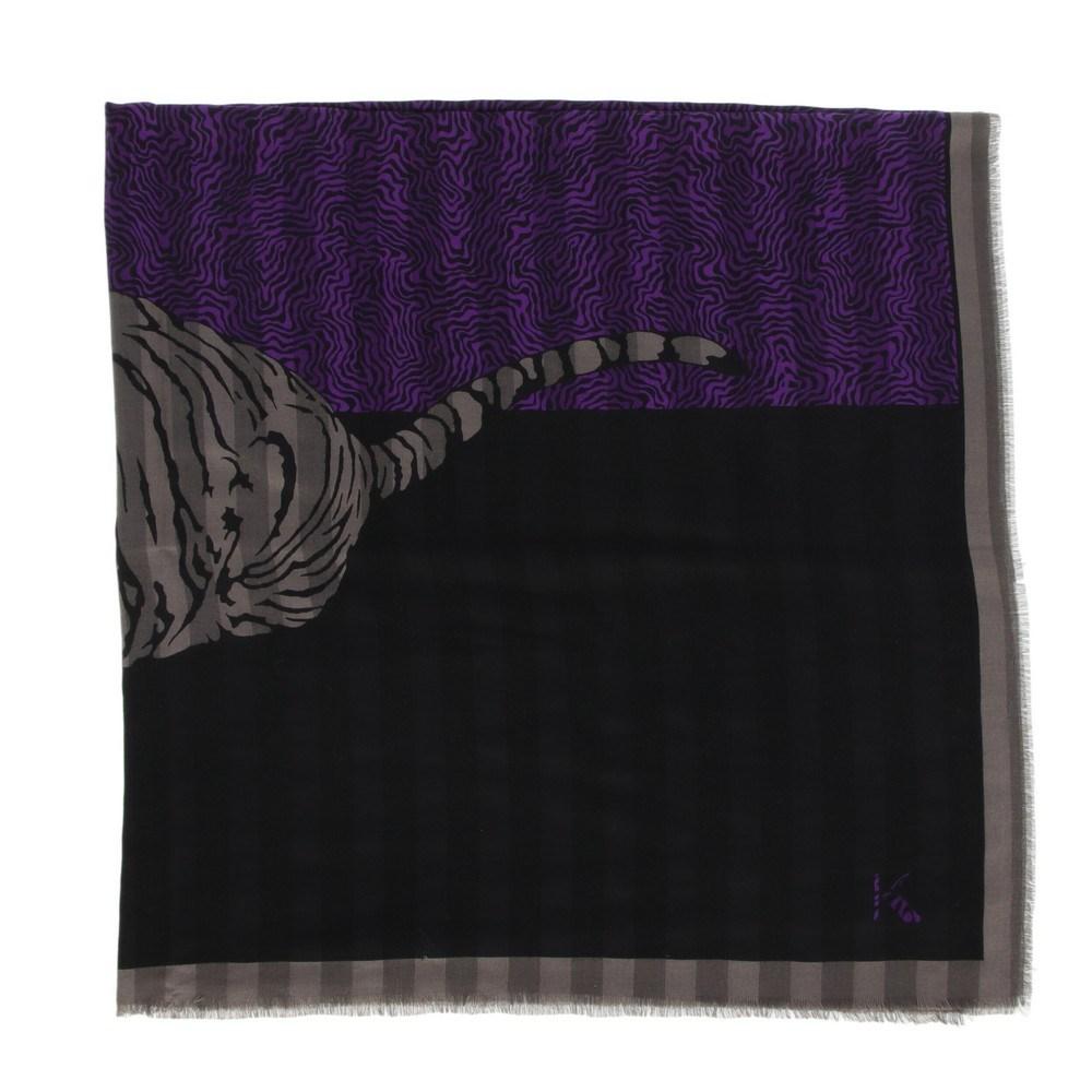 Black 70s Krizia wool black and gray scarf with tiger and logo print For Sale