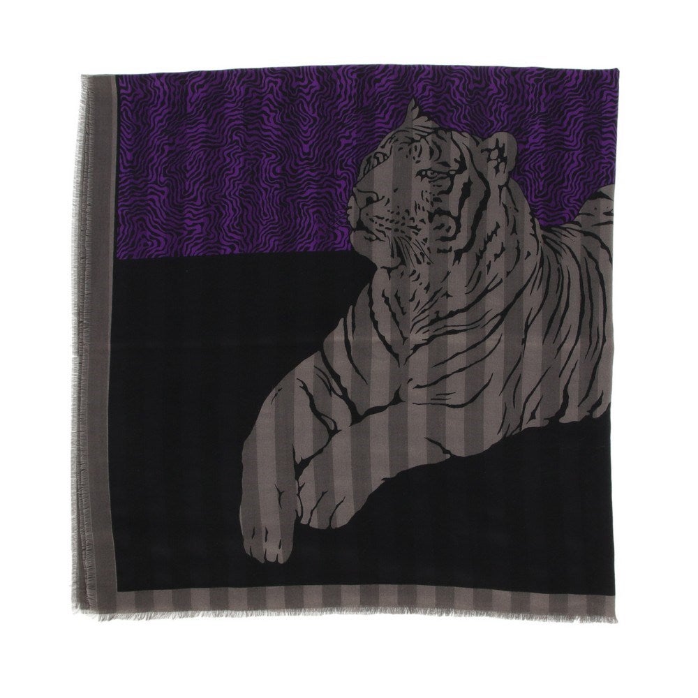70s Krizia wool black and gray scarf with tiger and logo print For Sale