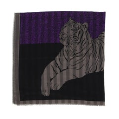 70s Krizia wool black and gray scarf with tiger and logo print