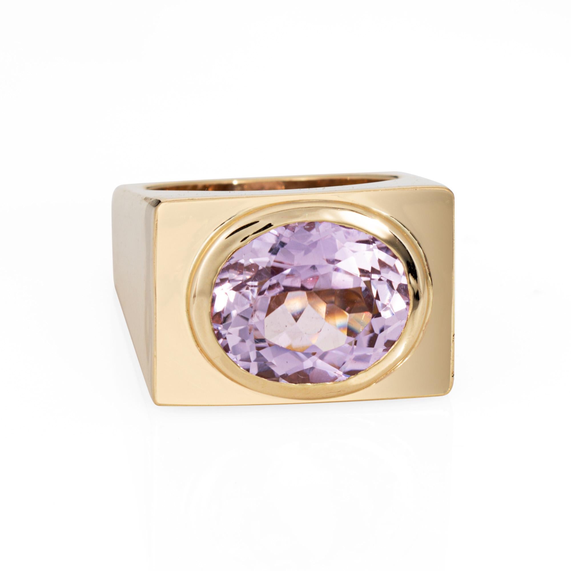 Stylish kunzite square band in 14 karat yellow gold (circa 1970s). 

Kunzite measures 13mm x 11mm (estimated at 6 carats). The kunzite is in very good condition and free of cracks or chips.  

Set into a distinct square band the ring makes a great
