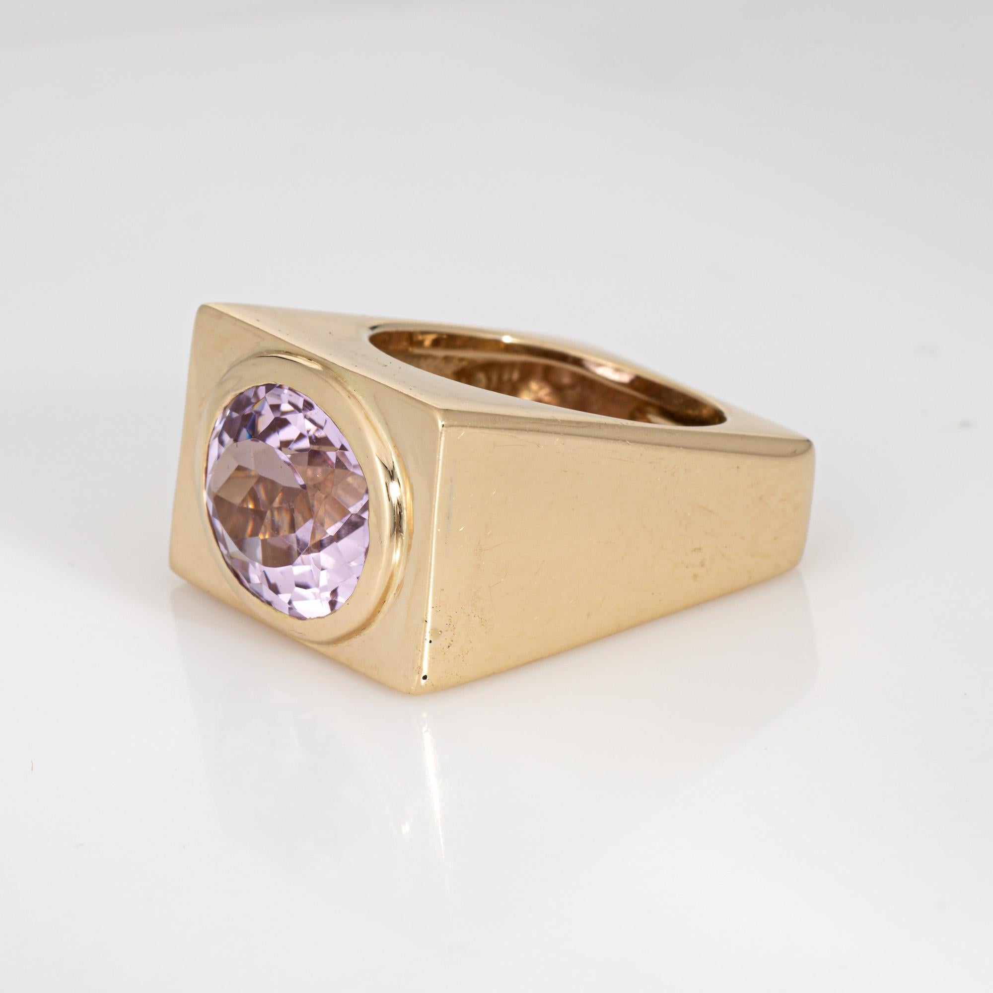 Oval Cut 70s Kunzite Square Ring Sz 6.5 Heavy Band Vintage 14k Yellow Gold Fine Jewelry For Sale