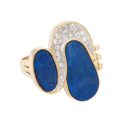 1970s Lapis Lazuli Diamond Cocktail Ring Vintage 14 Karat Gold Estate Jewelry