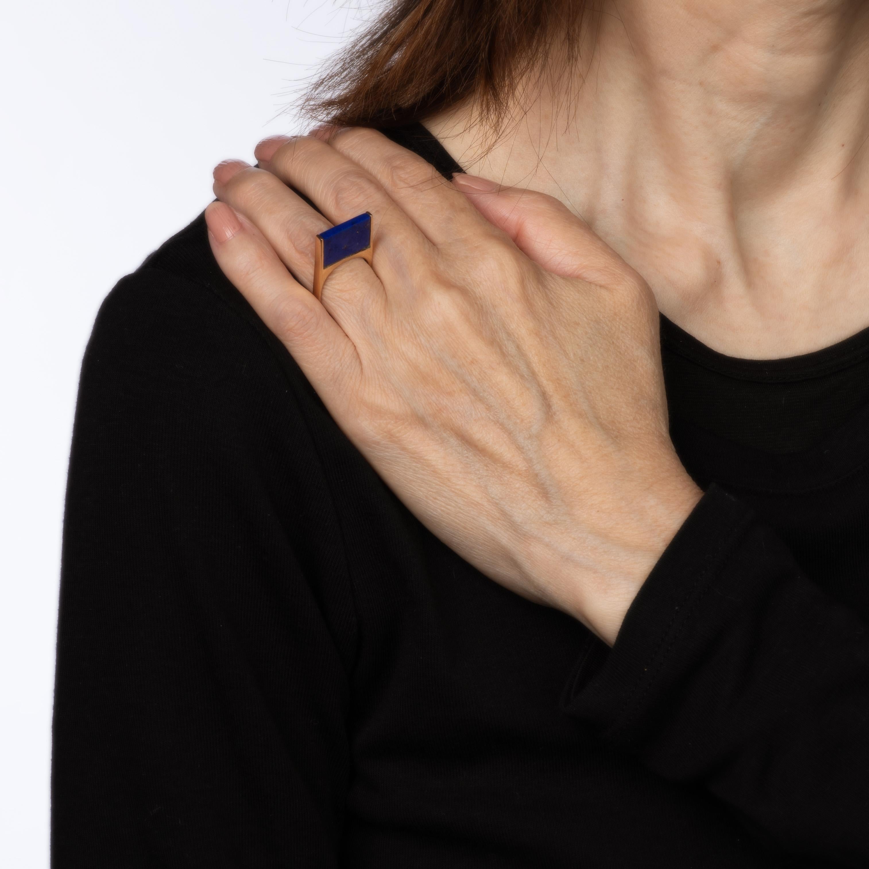 70s Lapis Lazuli Square Stacking Ring Vintage 14k Yellow Gold Sz 5 Band Jewelry In Good Condition In Torrance, CA