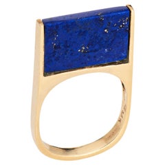 Bague empilable carrée vintage en or jaune 14 carats Lapis Lazuli, taille 5, années 70