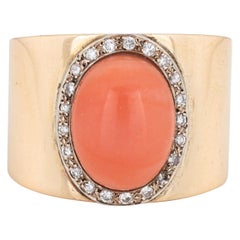 70s Large Coral Diamond Ring Vintage 14k Yellow Gold Sz 9 Cocktail Jewelry