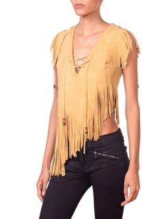 1970S Yellow Tan Suede Leather Beaded Fringe Lace Up Crop Tops Shirt