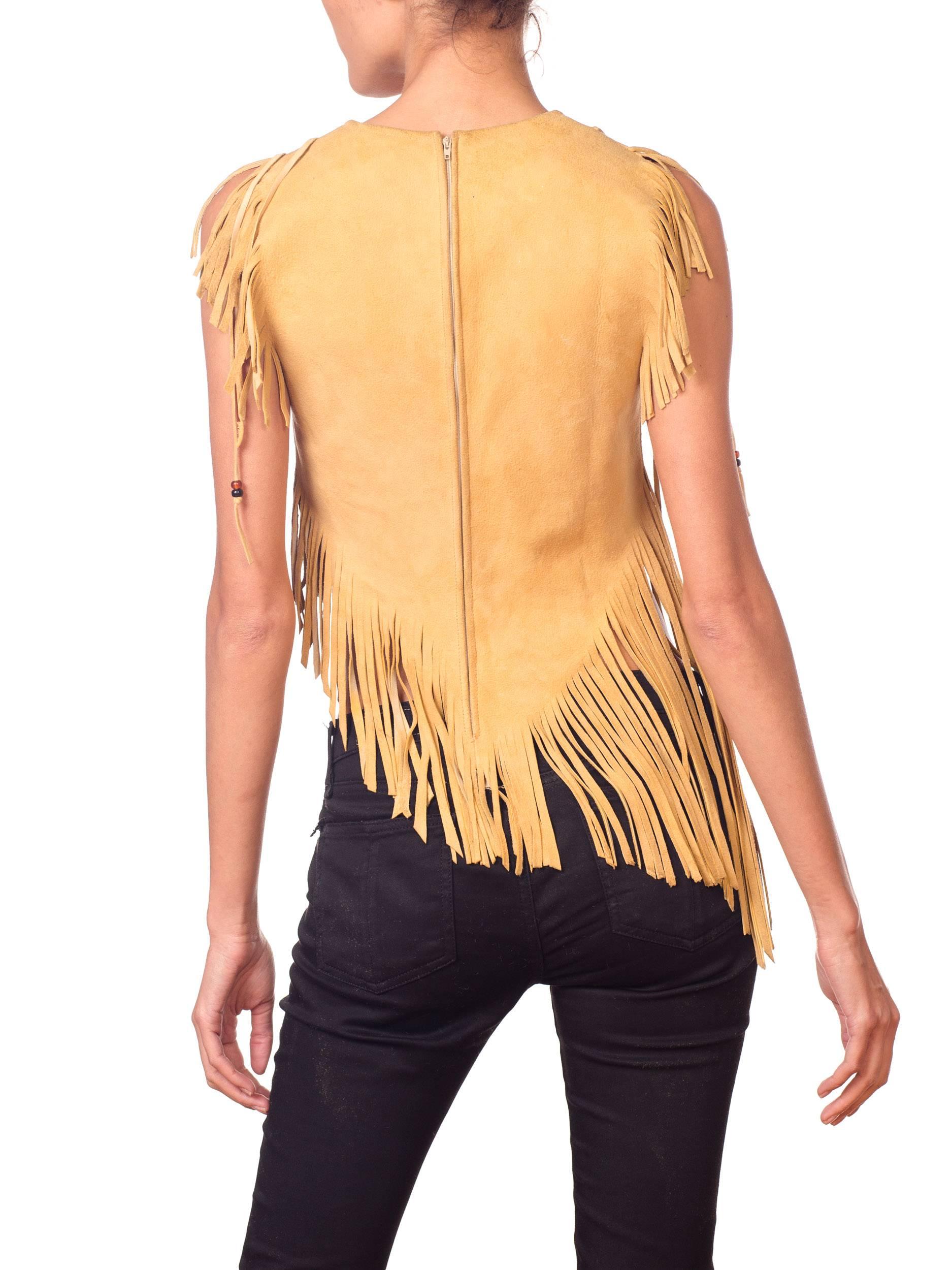 Orange 1970S Yellow Tan Suede Leather Beaded Fringe Lace Up Crop Tops Shirt